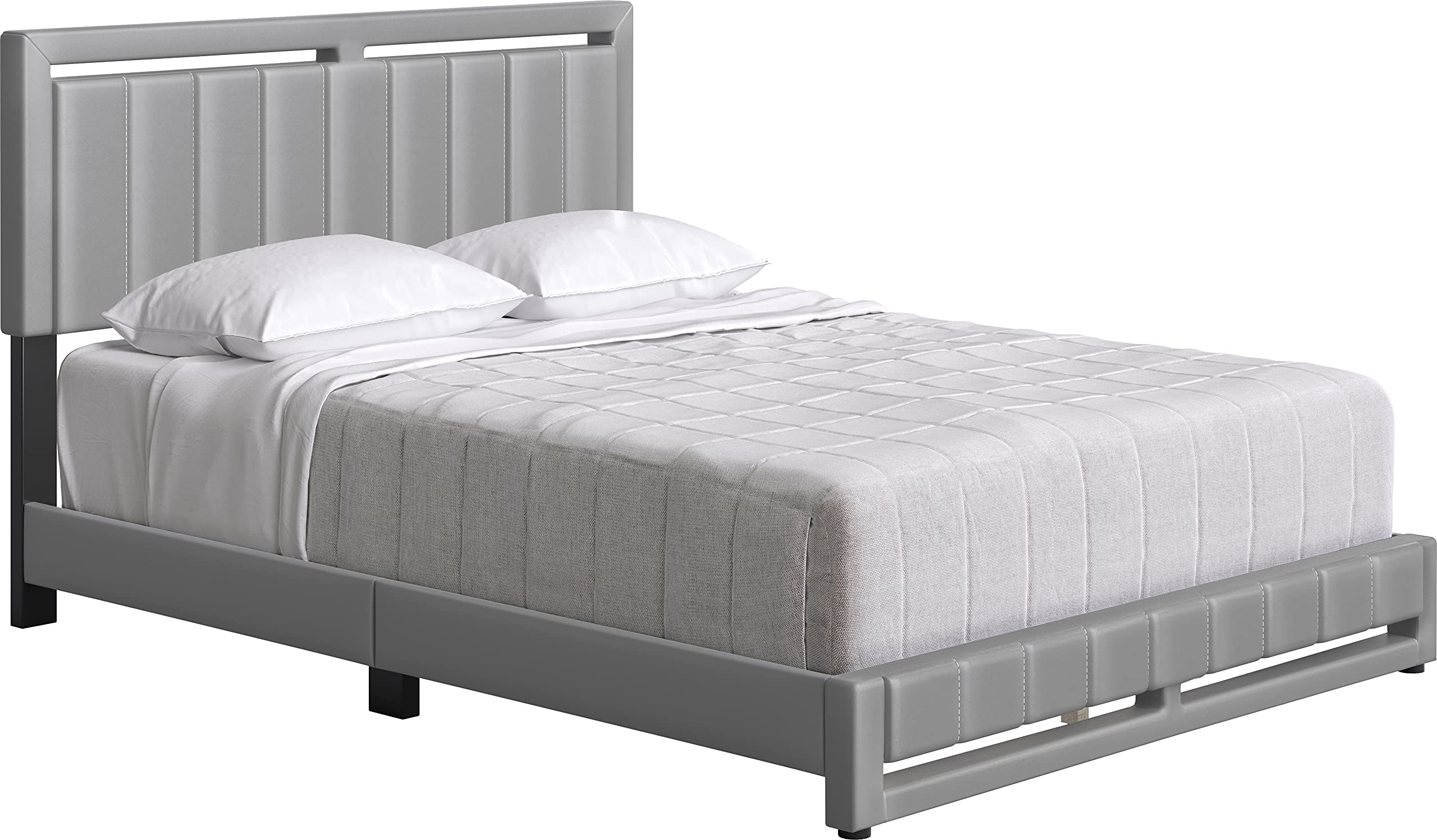 Boyd Sleep Beaumont Upholstered Platform Bed Frame with Headboard - No Box Spring Needed - Faux Leather Grey Full Size Bed for Master Bedroom & Guest Room