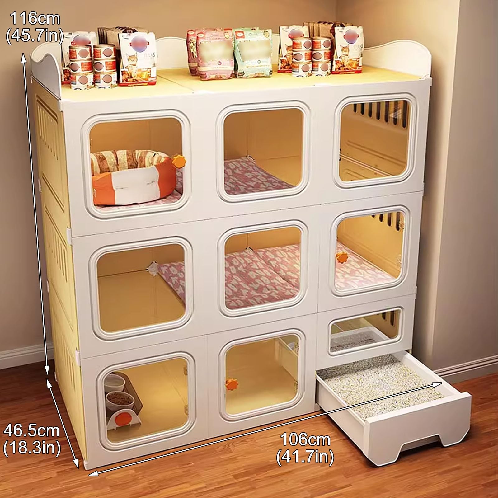 Premium Cat Cage Indoor with Litter Box & Storage Top - 106x46.5x116cm Large Pet Kennel with Ventilation Panels | Perfect for Small Apartments, Travel & Multi-Cat Homes (Package 2, Gray)