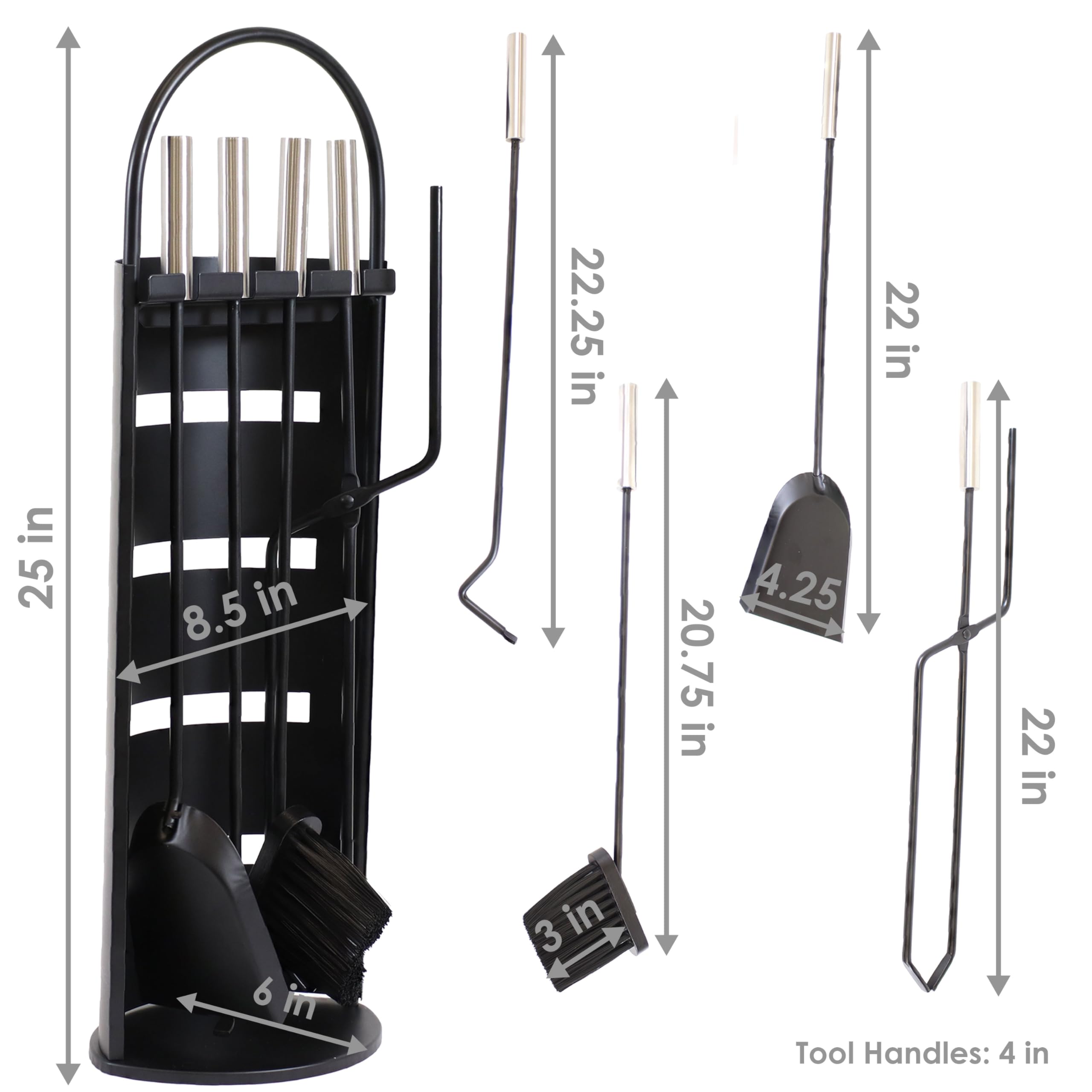 Sunnydaze 4-Piece Fireplace Tool Set with Stand - Heavy Duty Steel Fireplace Accessories with Poker, Brush, Shovel & Hanger - Perfect for Indoor Fireplace, Hearth & Wood Stove Maintenance
