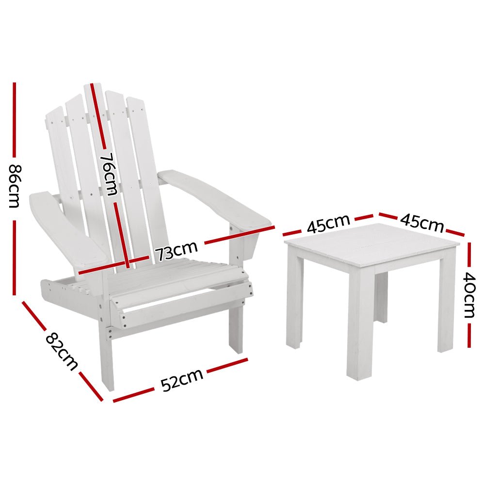 2-Piece White Adirondack Outdoor Table and Chair Set - Durable Wooden Patio Furniture for Beach, Garden, and Backyard Relaxation