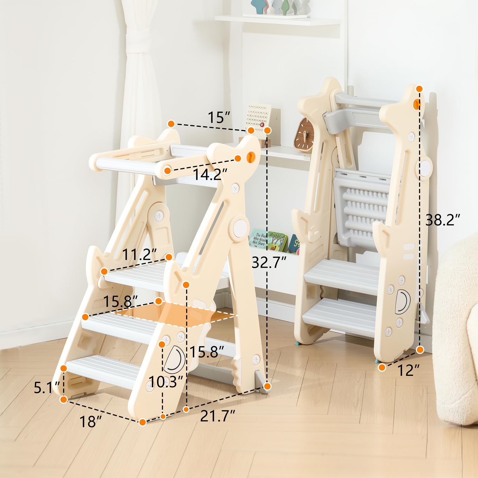 Foldable Toddler Kitchen Step Stool with Adjustable Height & Safety Rail - Anti-Drop Standing Tower Helper for Cooking, Baking & Learning Activities