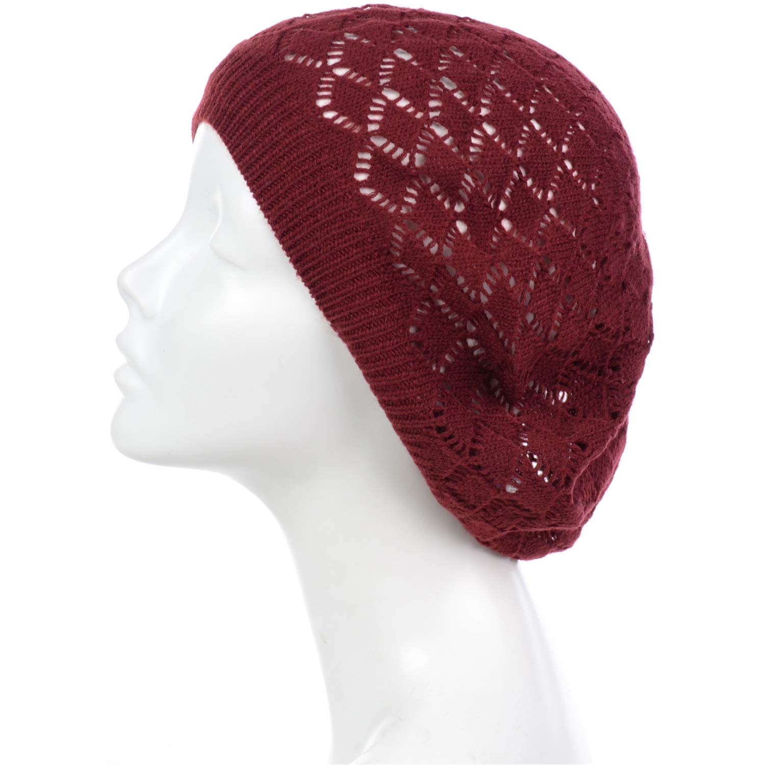 BYOS Women's Chic Cutout Lace Diamond Knit Lightweight Slouchy Crochet Beret Hat - Fashionable Winter Beanie for Casual Outfits & Outdoor Activities