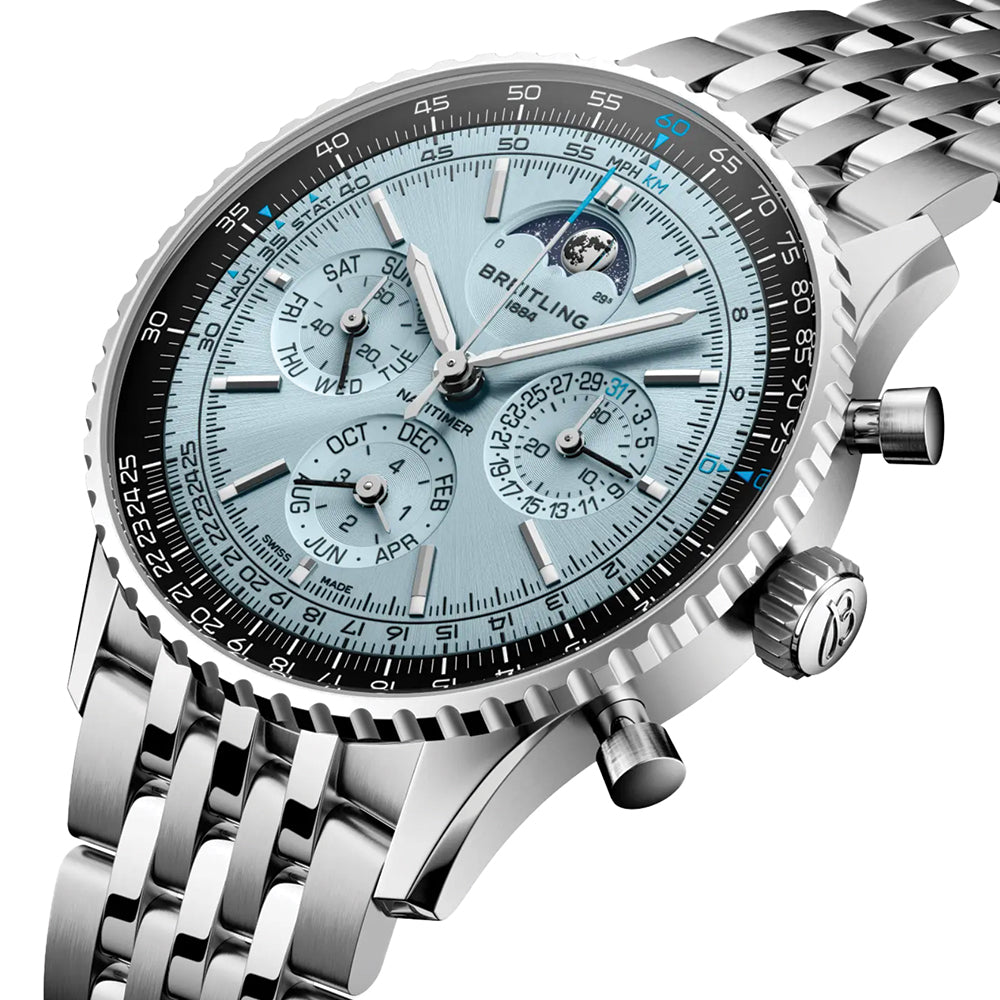 Breitling Navitimer B19 Chronograph Perpetual Calendar 43mm Blue Dial Men's Watch with Stainless Steel Bracelet - Luxury Aviation Timepiece for Pilots & Business Professionals