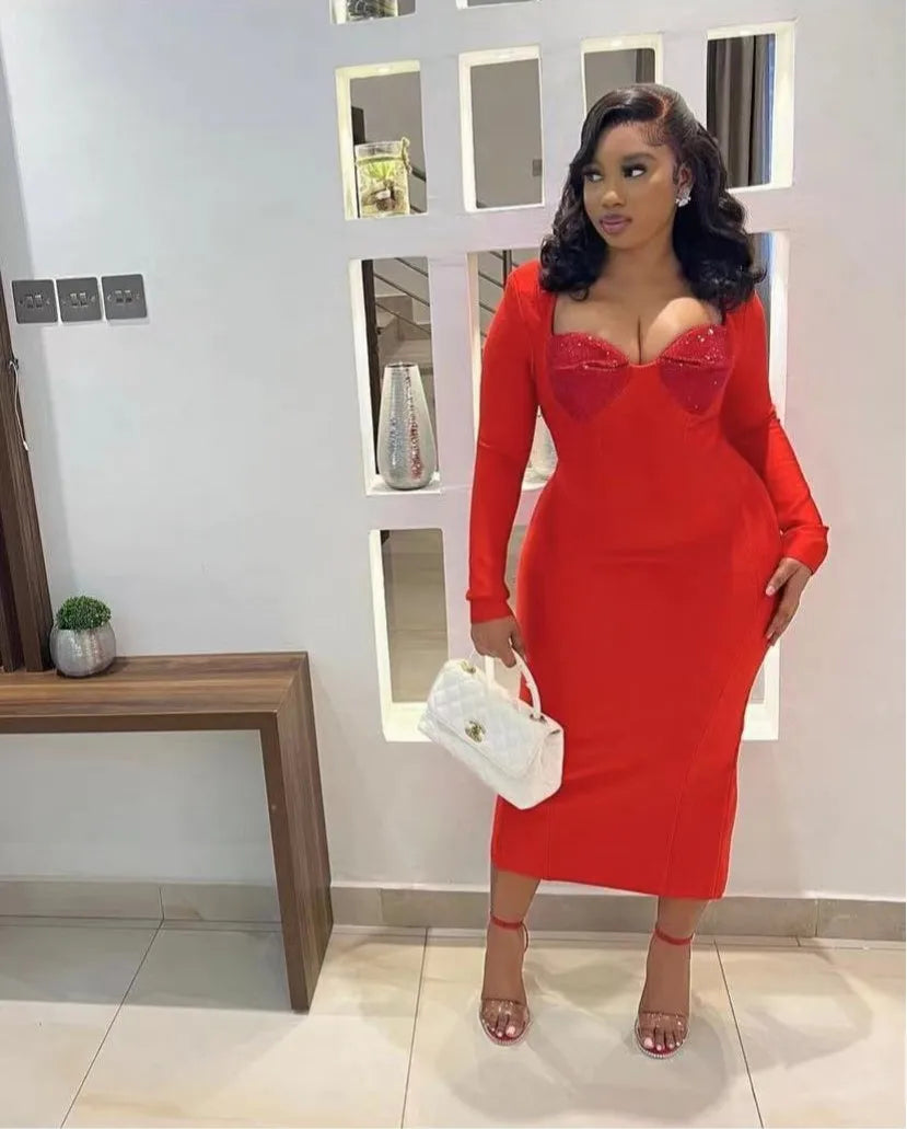 Sexy Black & Red Rhinestone Bodycon Bandage Dress for Women - Long Sleeve Square Neck Club Party Dress | Perfect for Nightclub, Cocktail Parties & Special Celebrations