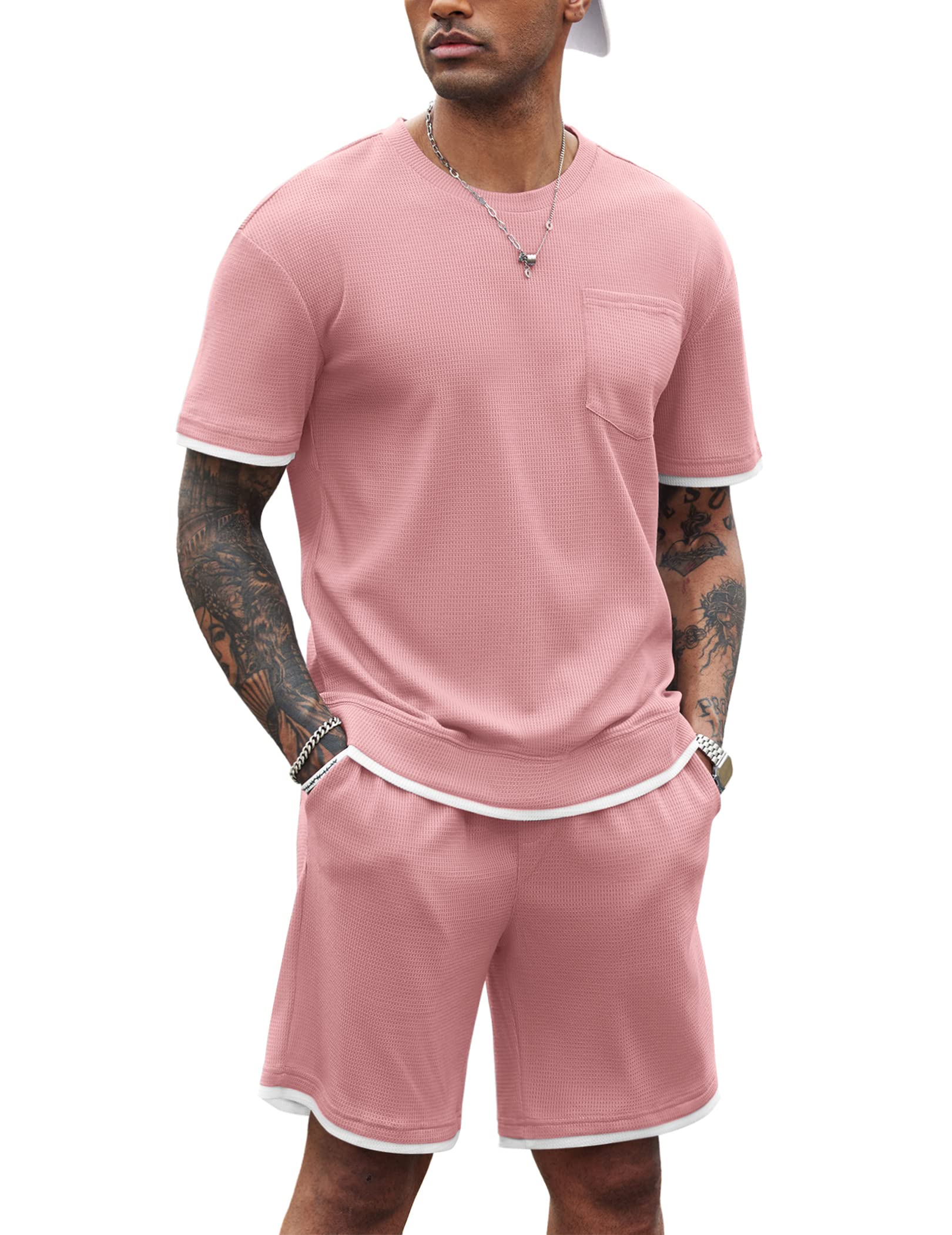 COOFANDY Men's Waffle Knit Shirt and Shorts Set - 2 Piece Casual Summer Outfit with Pockets | Breathable Lounge Wear for Gym, Beach & Vacation