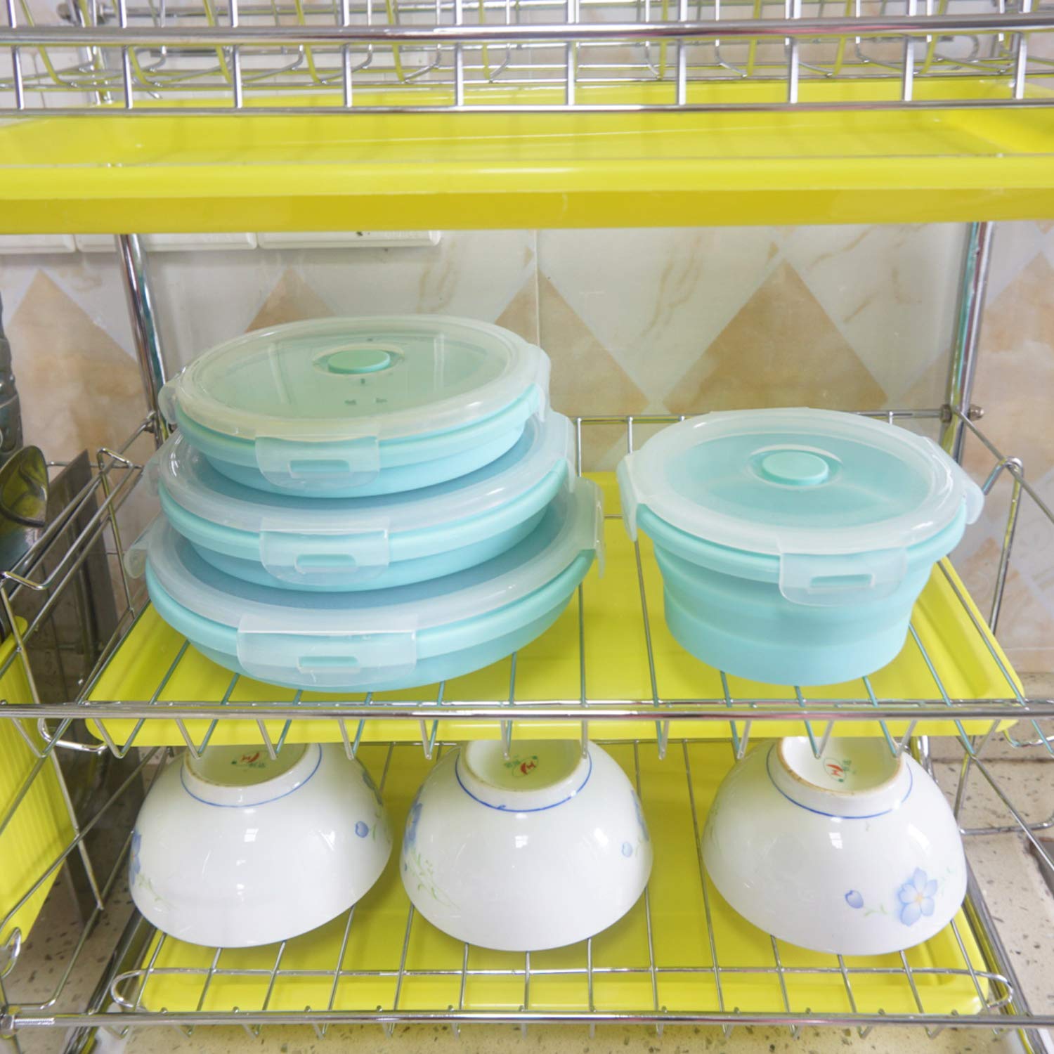 Collapsible Silicone Food Storage Bowls with Airtight Lids - 4-Piece Set (Blue) | Microwave & Freezer Safe | Perfect for Meal Prep, Kitchen Organization, RV Travel & Lunch Boxes