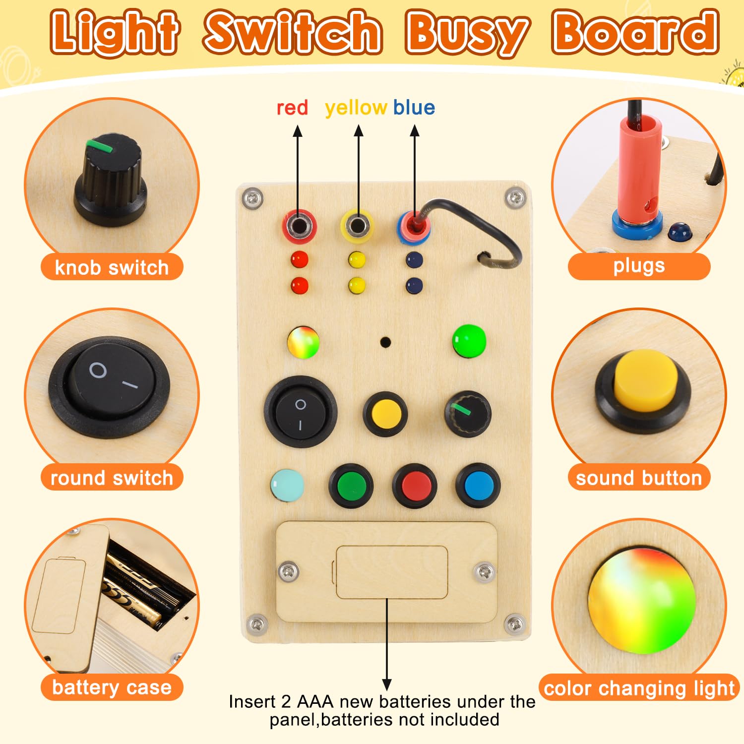 Montessori Busy Board for Toddlers 1-3 - Wooden Sensory Toys with LED Light Switch & Pluggable Wires - Autism Sensory Wall Panel & Fidget Board for Kids - Perfect for Early Learning, Travel, and Home Playtime