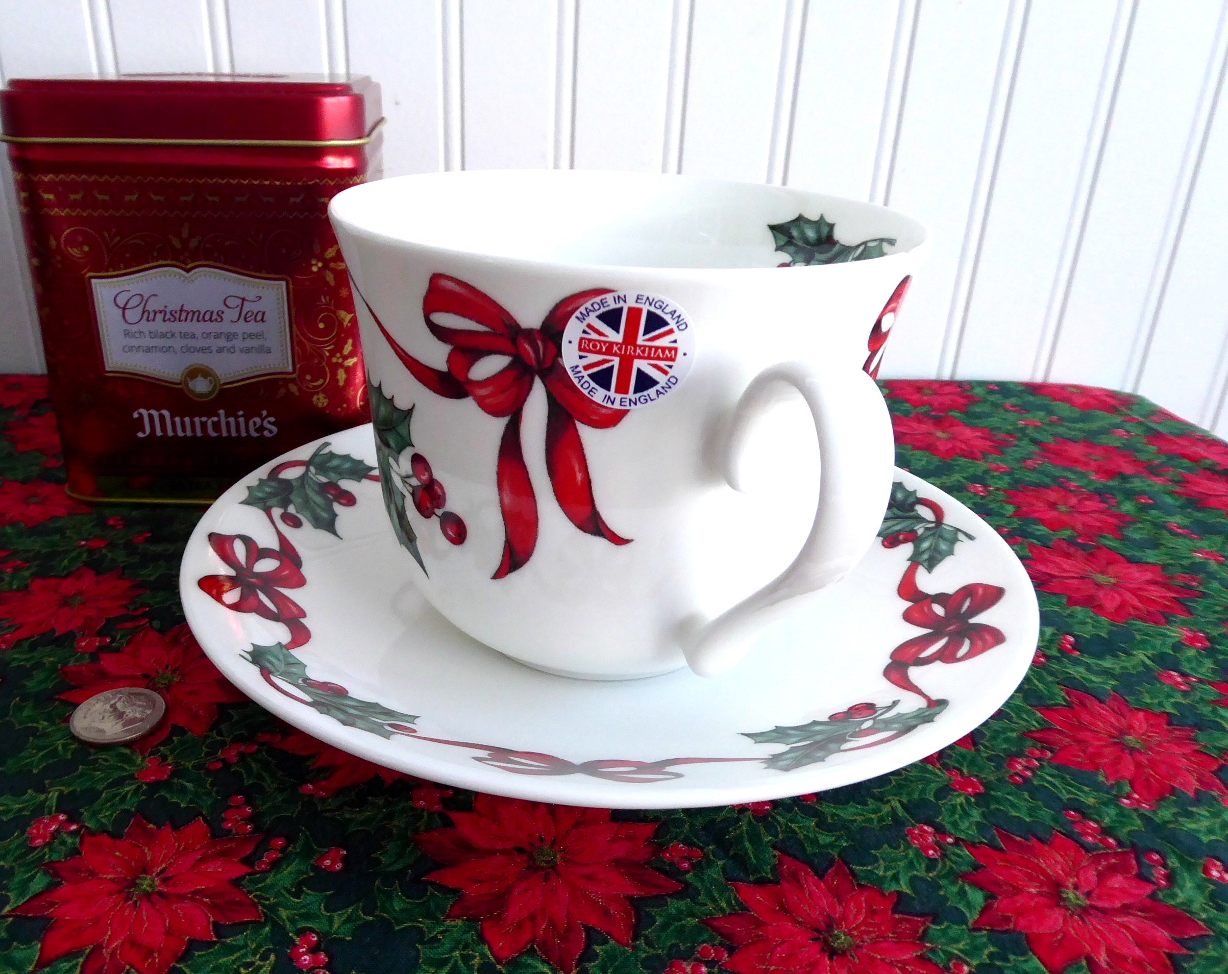 Roy Kirkham Holly Red Ribbons Bone China Christmas Breakfast Cup and Saucer Set - Perfect for Holiday Tea Parties, Festive Breakfasts & Christmas Decor