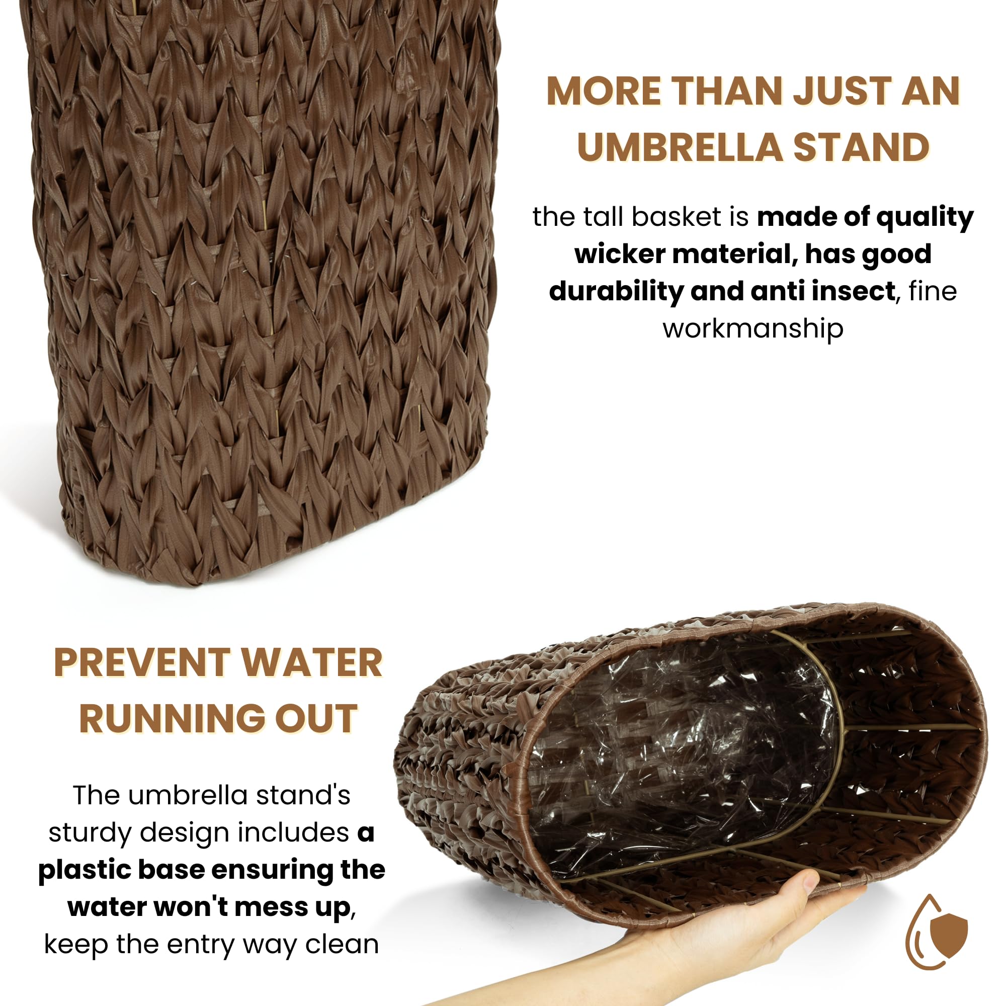 Stylish Wicker Umbrella Stand - 6.7x17.3 Inch Tall Narrow Umbrella Storage Bin for Entryway, Indoor Faux Rattan Cane Holder Basket (Brown) - Perfect for Home, Office & Restaurant Organization