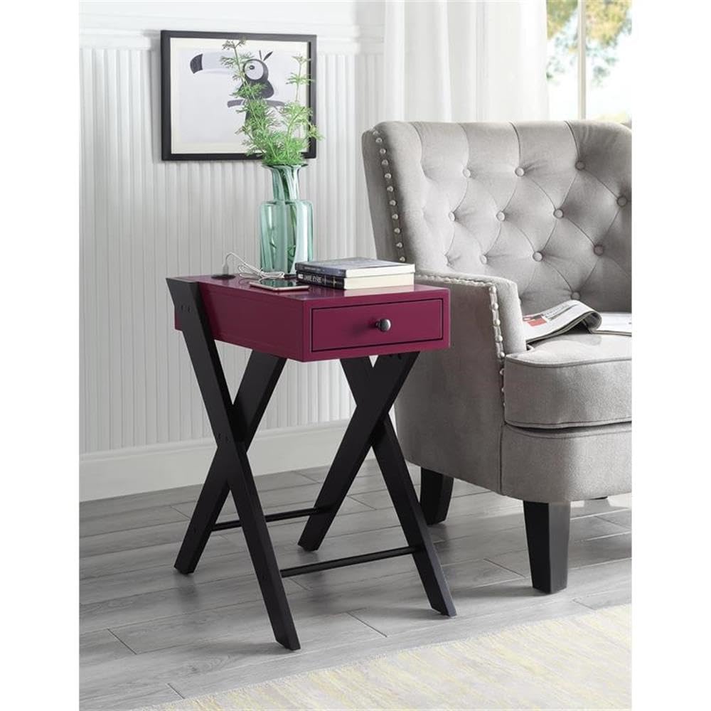 Acme Fierce Wooden Side Table with USB Charging Port - Burgundy & Black Nightstand for Bedroom, Living Room & Office