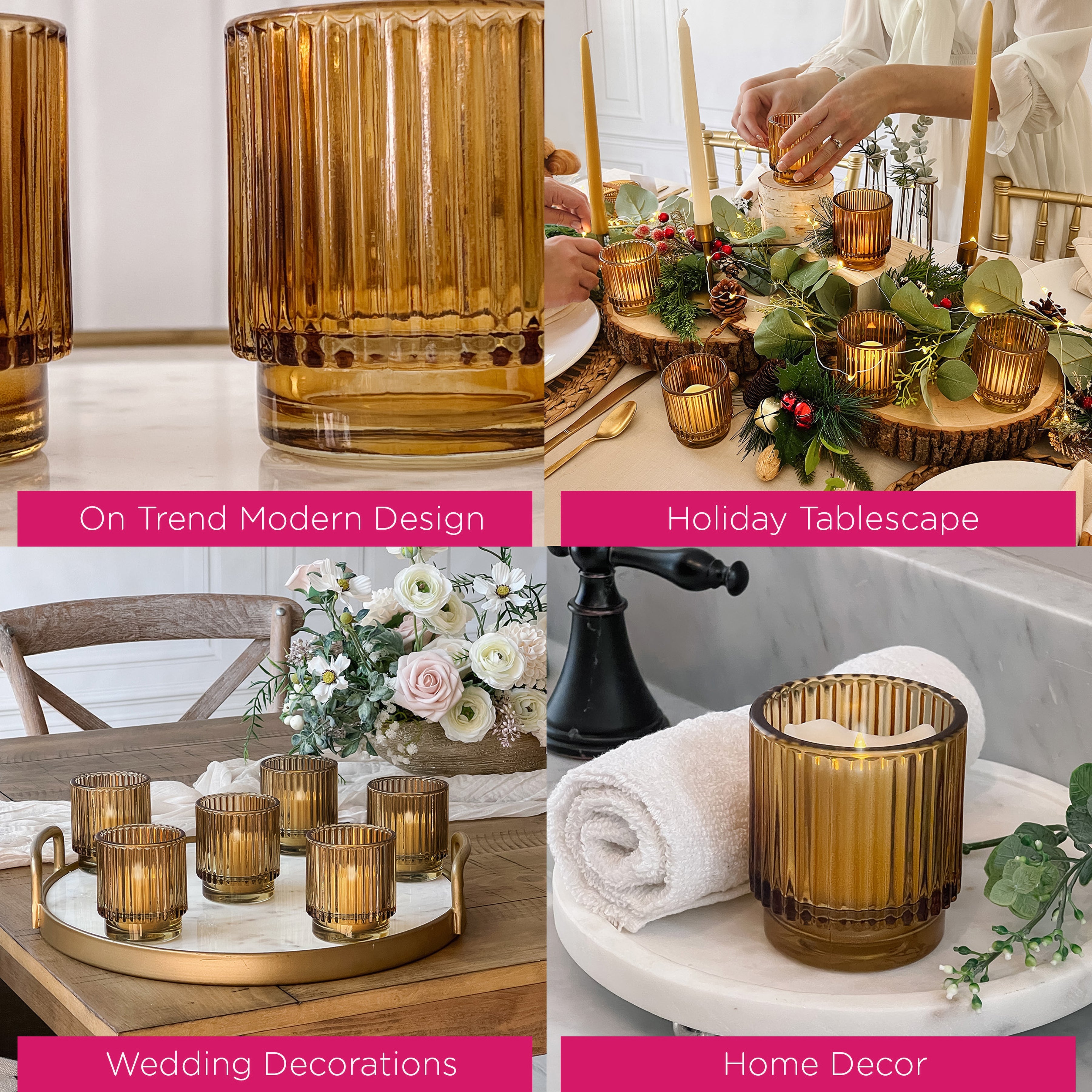 Elegant Ribbed Amber Glass Votive Candle Holders - Set of 6 for Home Decor, Wedding Centerpieces & Romantic Ambiance