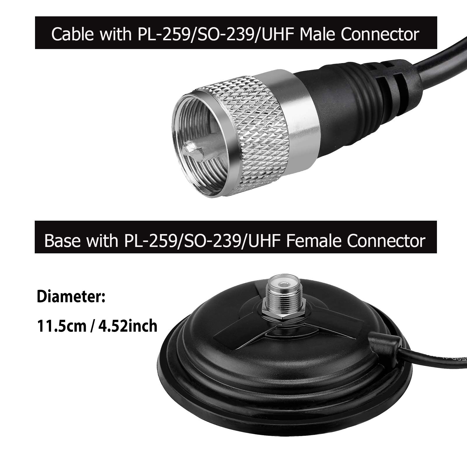 Retevis Magnetic Antenna Mount Base for CB Radio - 110mm Diameter Strong Magnet with 5M Coaxial Cable & PL-259/UHF Female Connector - Perfect for Car, Bus, Truck & Mobile Transceiver Installation (1 Pack) - Durable Antenna Mount for Clear Communication on Road Trips & Emergency Situations