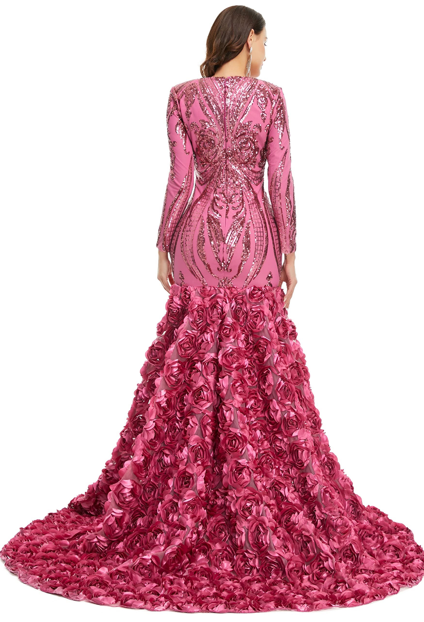 Elegant Women's Long Sleeve V-Neck Rose Sequin Mermaid Evening Dress for Prom, Party & Special Occasions
