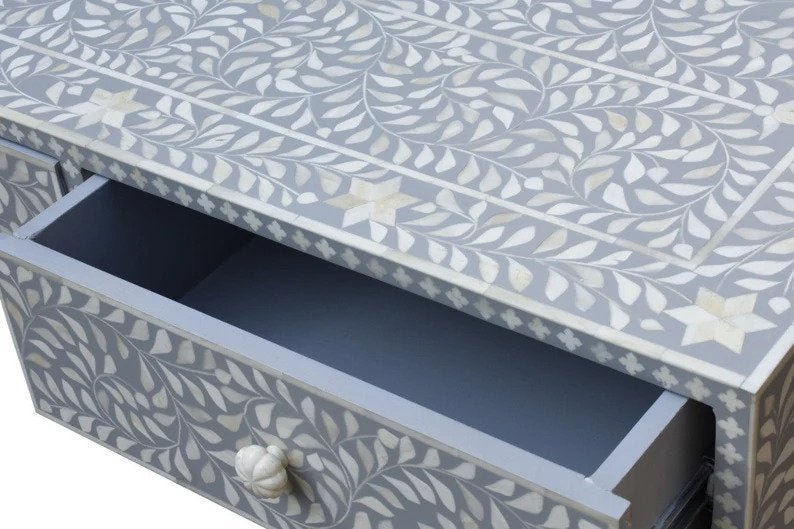 Handmade Floral Design Bone Inlay Console Table with Two Drawers in Grey - Elegant Entryway Table for Hallway, Living Room & Foyer Decor | Perfect for Home, Office & Luxury Interior Design