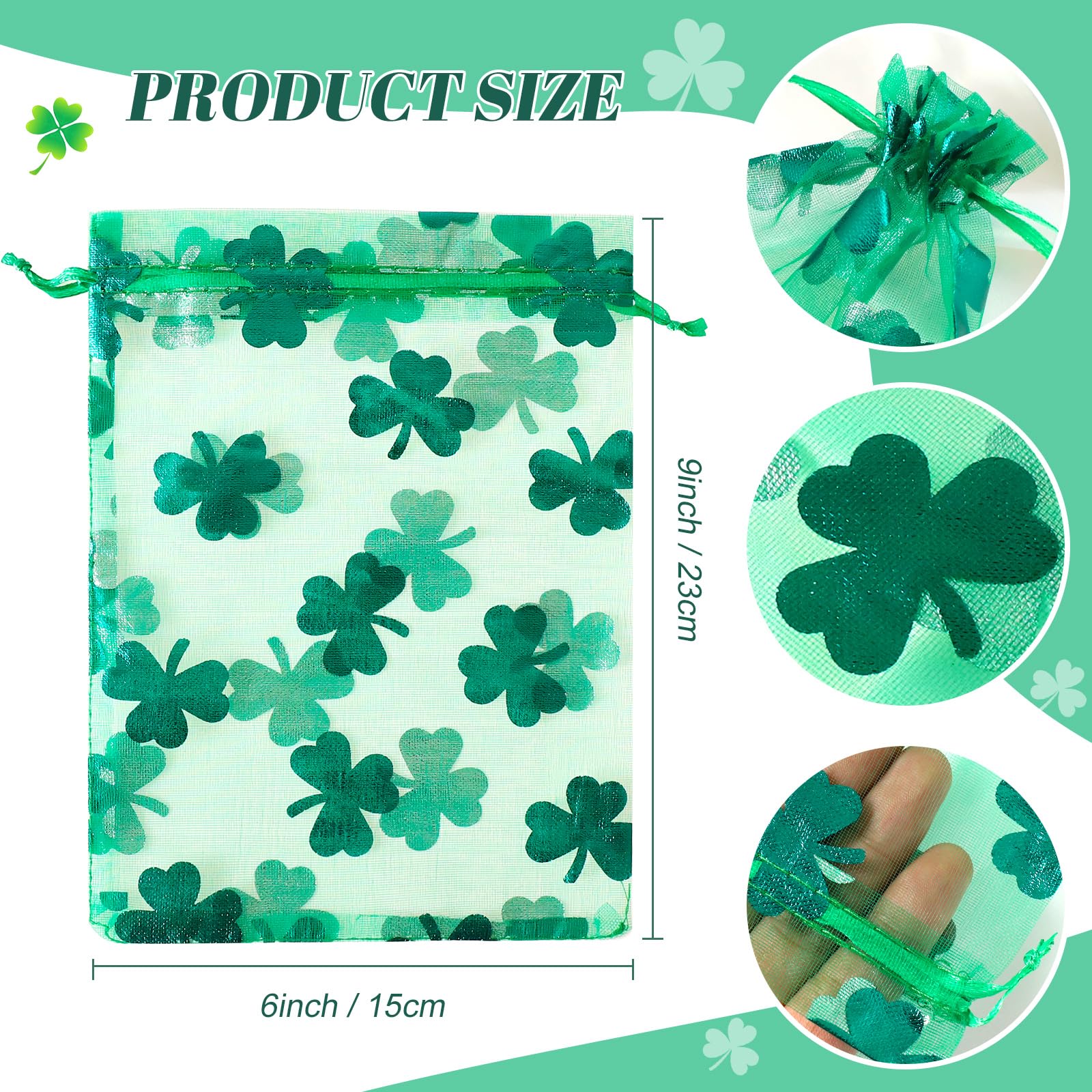 Hopttreely 100 Pcs 4x6 Inch St. Patrick's Day Green Organza Bags | Shamrock Drawstring Pouches for Jewelry, Chocolate, Gold Coins & Party Favors | Irish-Themed Gift Bags for Weddings, Baby Showers & Holiday Celebrations