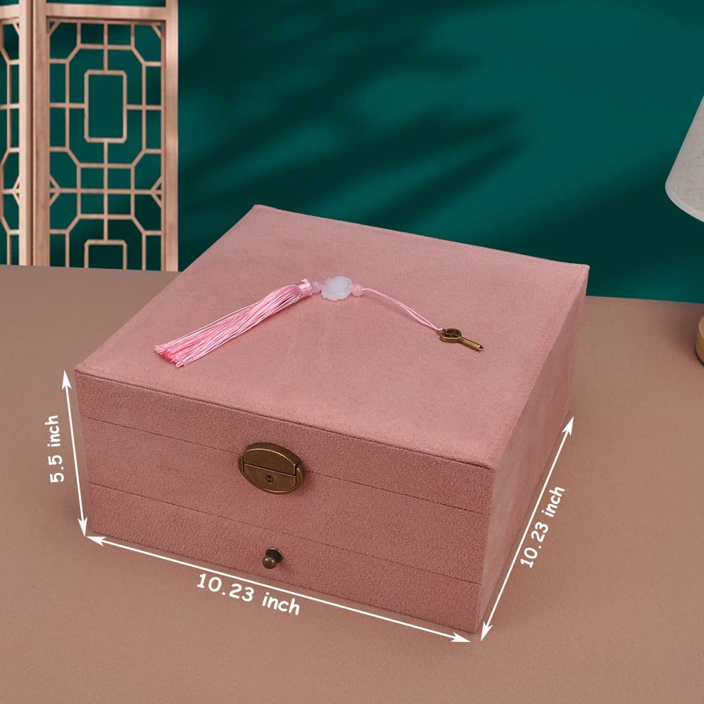 5-Layer Velvet Jewelry Organizer Box - Large Square Storage Case for Necklaces, Earrings, Bangles & Accessories | Pink Jewelry Display Drawer GY306 | Perfect for Bedroom Vanity, Travel & Gift Giving
