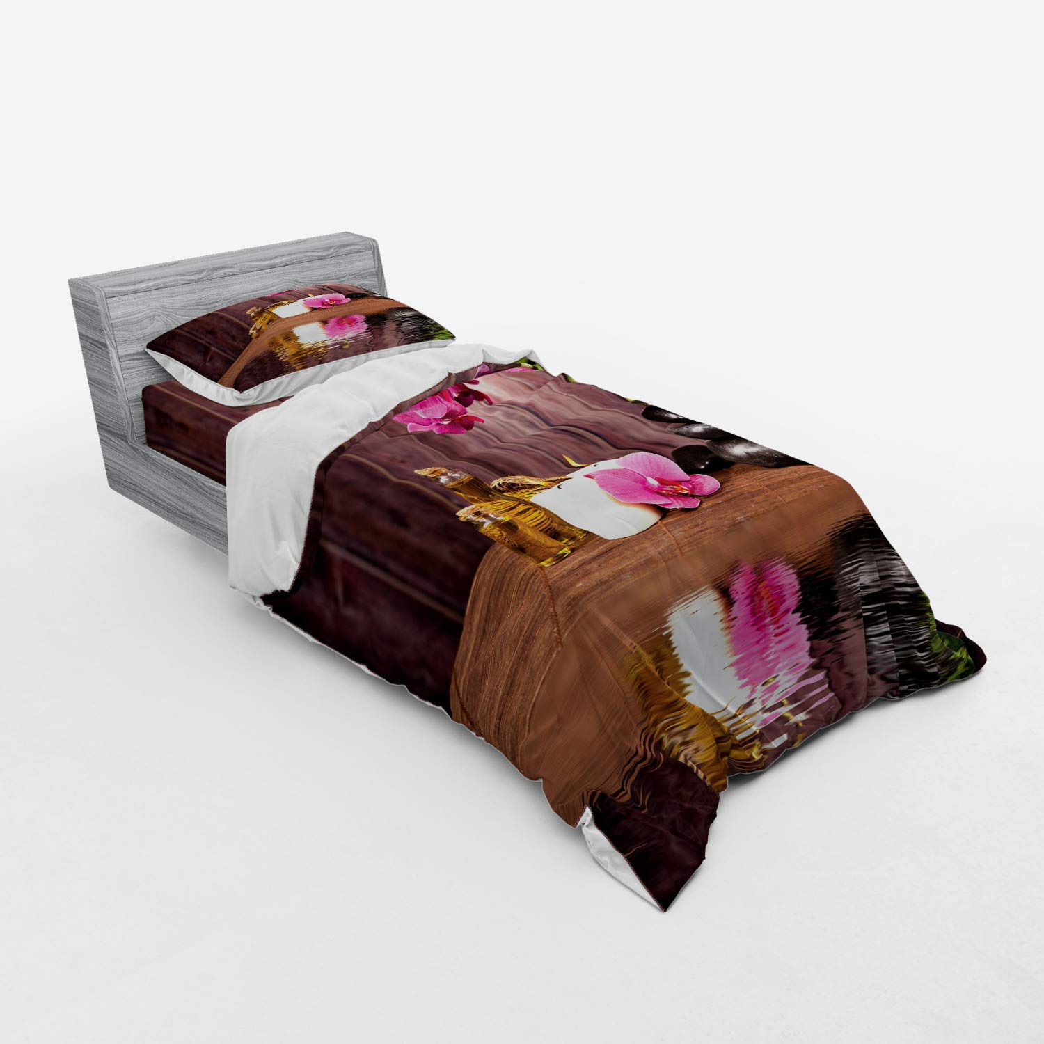 Ambesonne Orchid Duvet Cover Set - Modern Bohemian Floral Print with Stones, Candles & Water Design - 3 Piece Bedding Set Includes Sham & Fitted Sheet - Twin Size in Umber Green & Pink - Perfect for Boho Chic Bedrooms, Guest Rooms & Cozy Home Decor