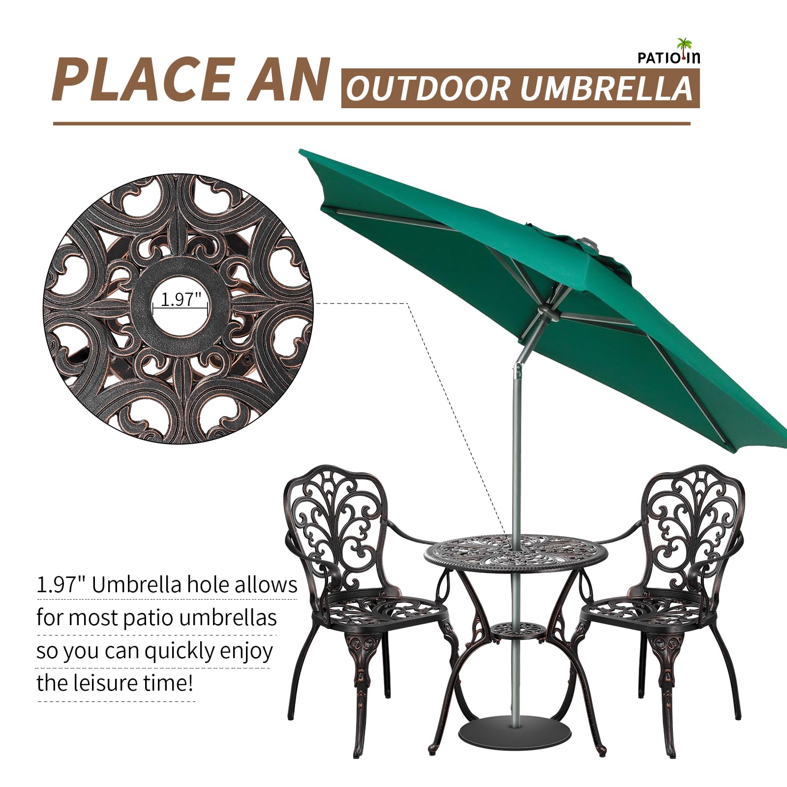 3 Piece Cast Aluminum Bistro Set - Bronze Outdoor Dining Table with 2 Chairs, Patio Furniture for Backyard, Balcony & Deck - Includes 1.97