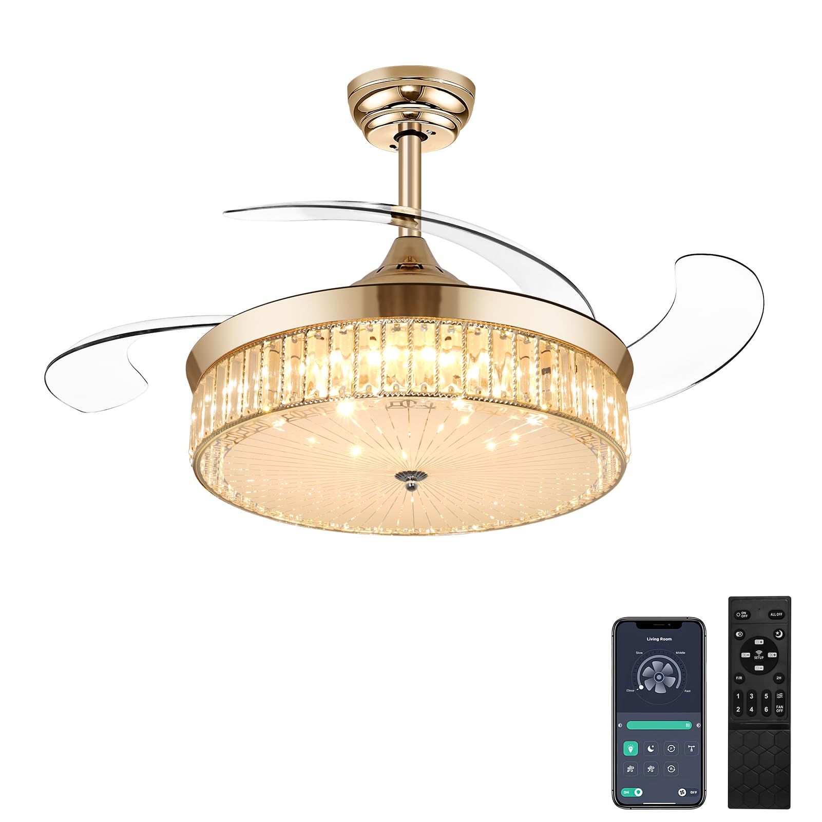 Ohniyou 42 Inch Retractable Ceiling Fan with Lights Remote Control, Crystal Chandelier Ceiling Light Fixture, Dimmable Fandelier for Bedroom Living Room Dining Room Indoor Use (Gold) - Perfect for Home Cooling and Stylish Lighting Decor