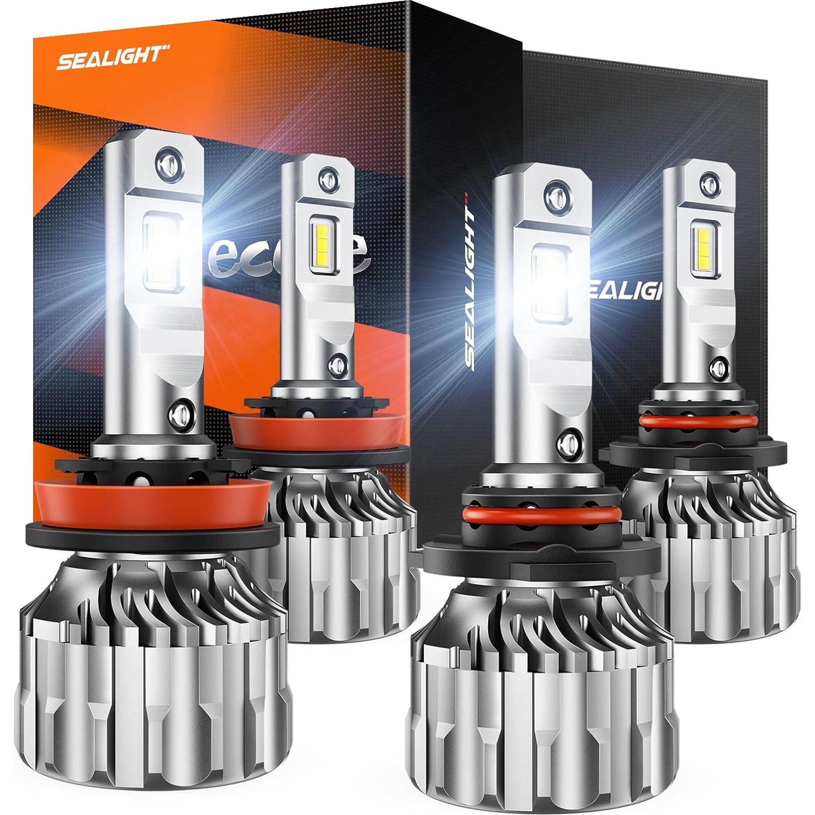 SEALIGHT H11/H9/H8 9005/HB3 LED Bulbs Combo - 6500K Cool White, 600% Brighter 44000 Lumens, Plug-N-Play Halogen Replacement with Cooling Fan (Pack of 4) - Perfect for Cars, Trucks, SUVs, and Off-Road Vehicles