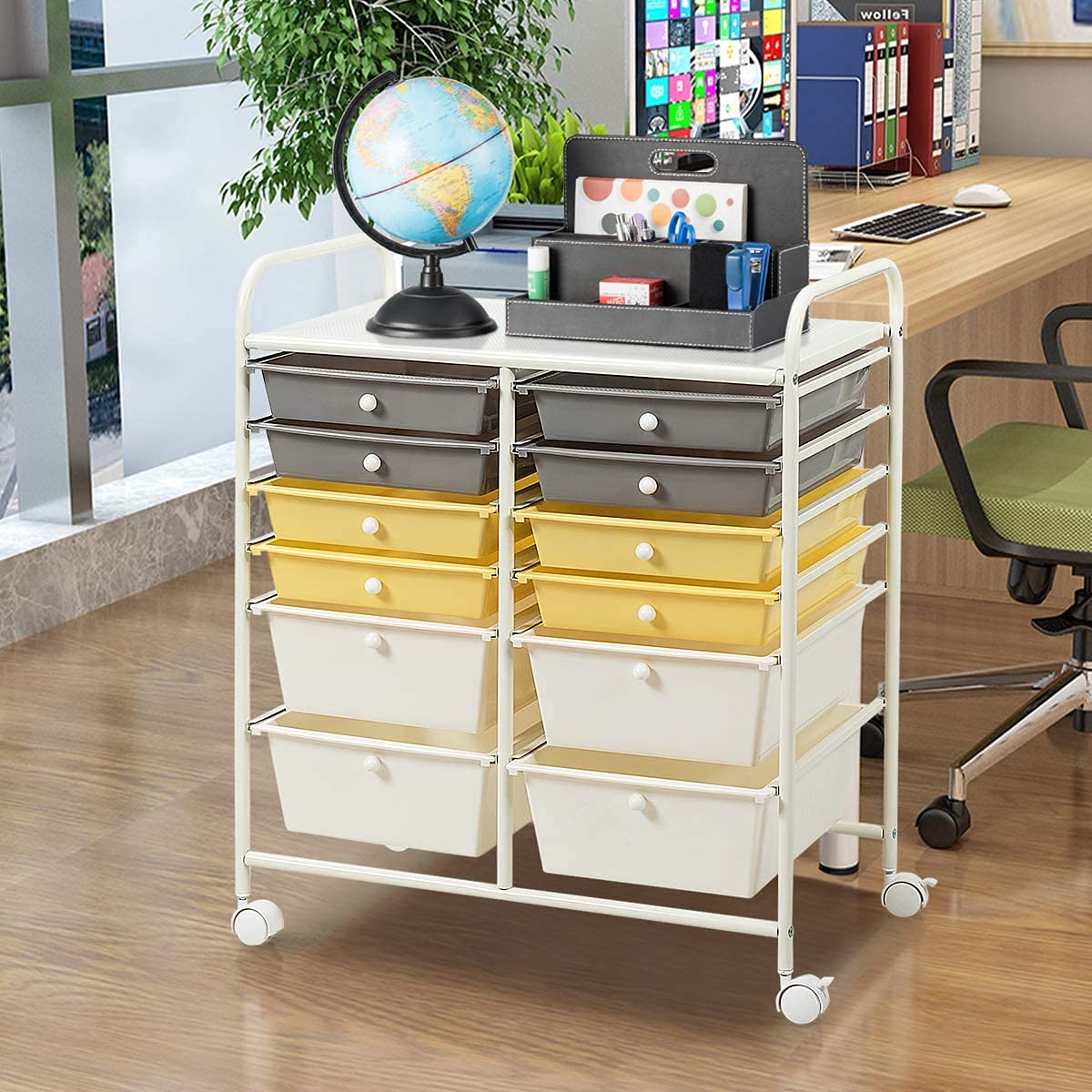 FANTASK 12-Drawer Rolling Storage Cart with Wheels - Multipurpose Mobile Organizer for Tools, Crafts, Office Supplies & Beauty Products - Perfect for School, Home, Office & Salon Organization (Yellow)
