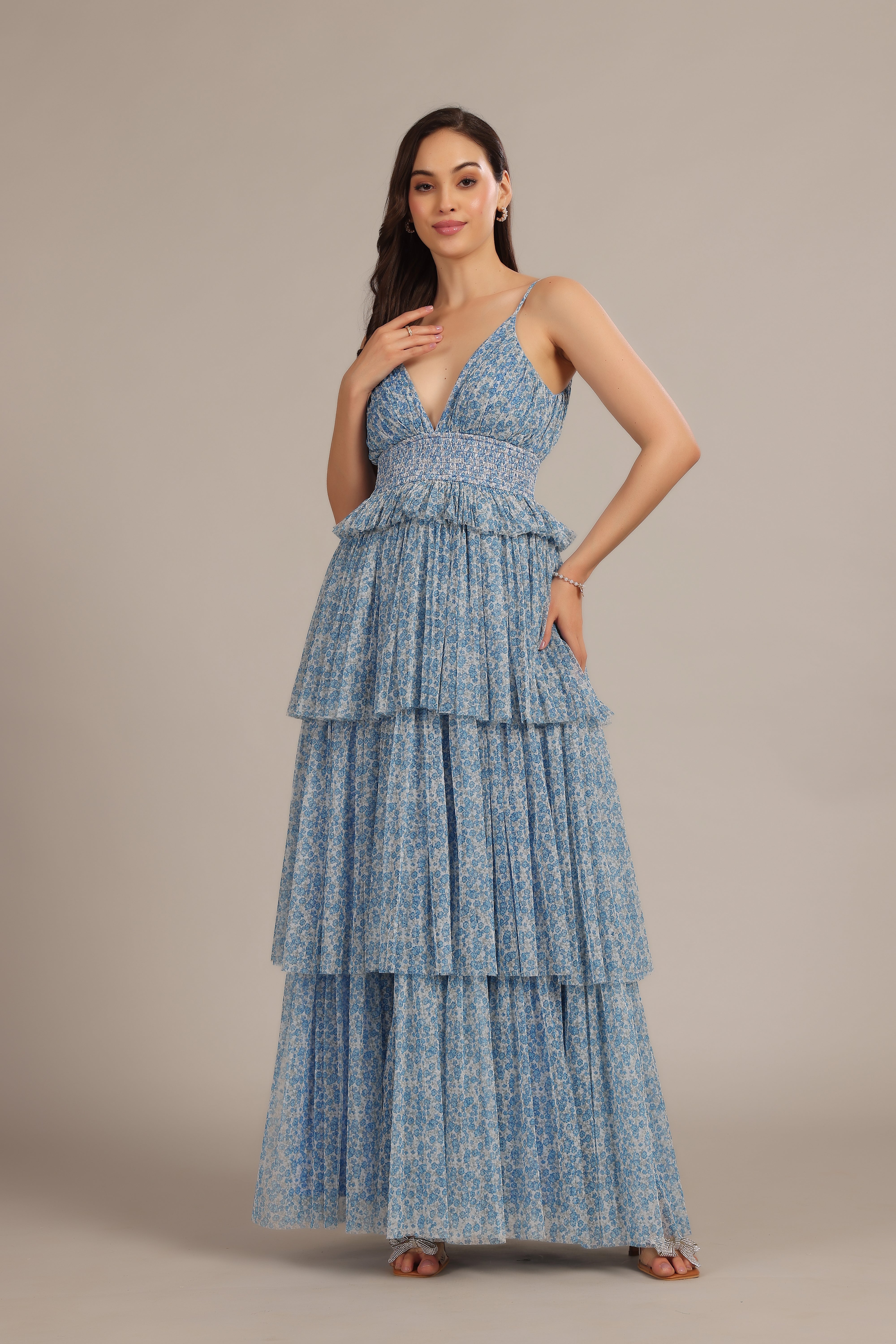 Rani Maxi Dress in Ditsy Blue Floral - Women's Boho Floral Print Long Dress for Summer, Beach, Vacation & Casual Wear