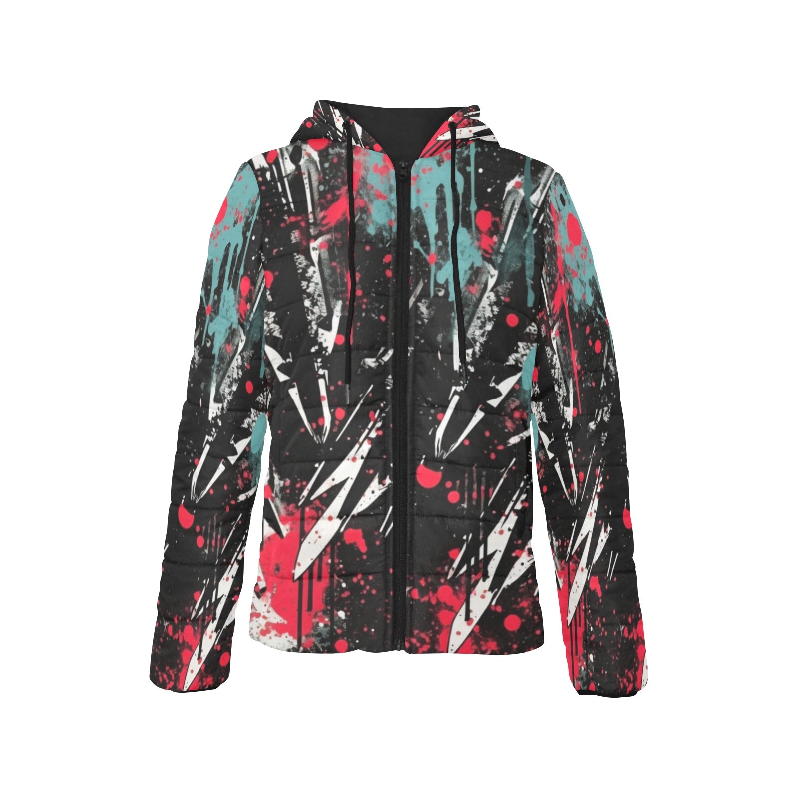 Abstract Art Style Padded Hooded Jacket for Women - Warm Winter Coat with Soft Fleece Lining, Water Resistant Outer Shell - Perfect for Outdoor Activities, Casual Wear & Street Fashion