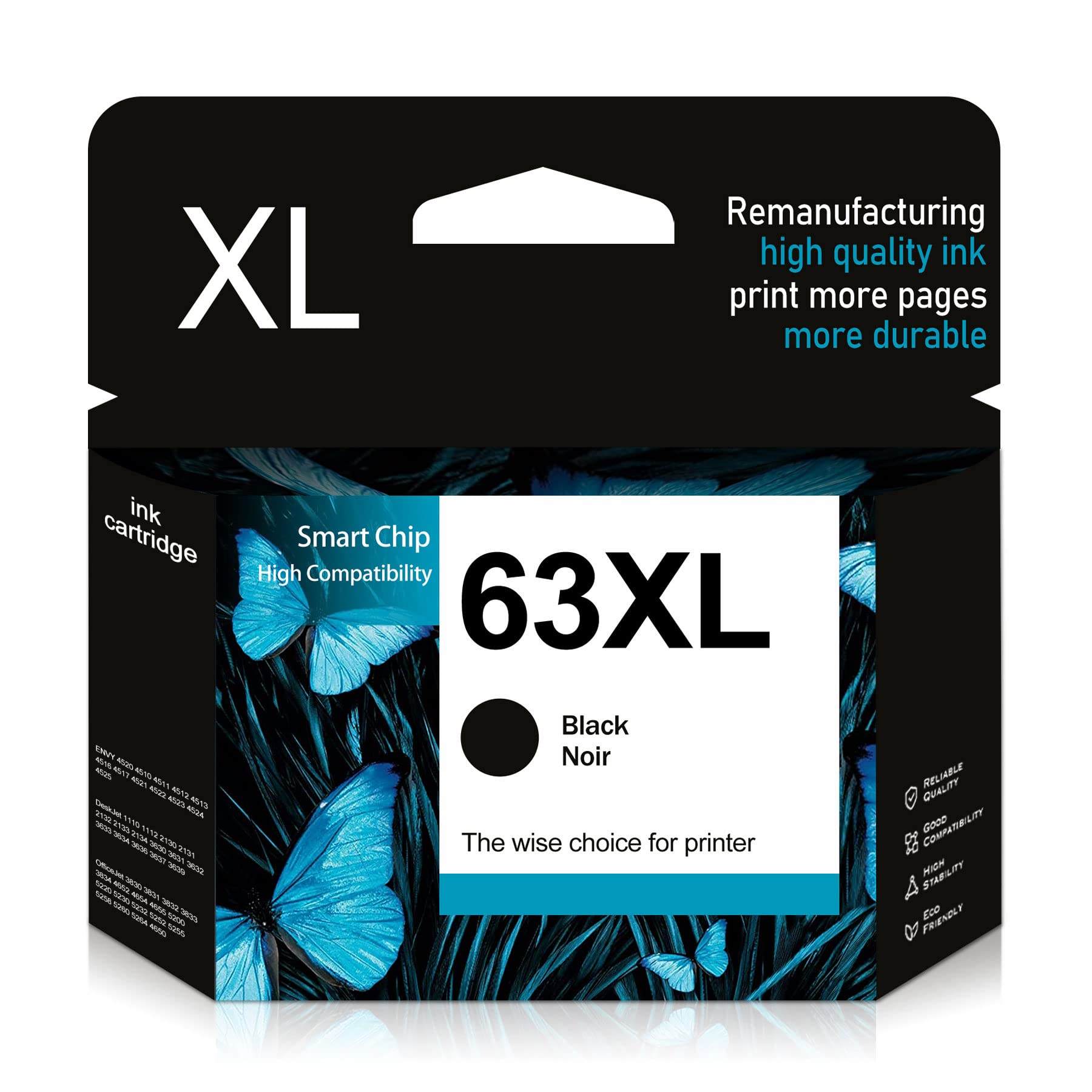 High Yield 63XL Remanufactured Ink Cartridge - Compatible with HP OfficeJet 3830/5255/5258, Envy 4520/4512/4513/4516, DeskJet 1112/1110/3630/3632/2130/2132 Printers (1 Black) - Perfect for Home & Office Printing Needs