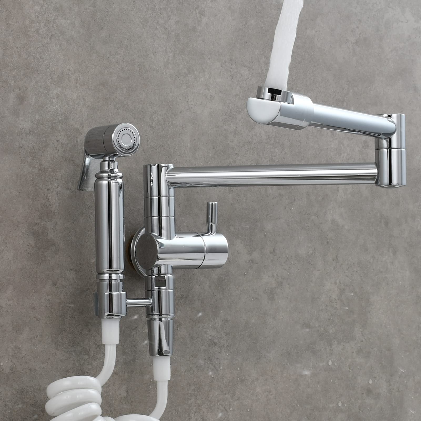 Brass Wall Mount Single Handle Kitchen Sink Pot Filler Faucet with Side Sprayer - Chrome Finish (CT169) - Perfect for Cold Water Filling & Cooking Convenience