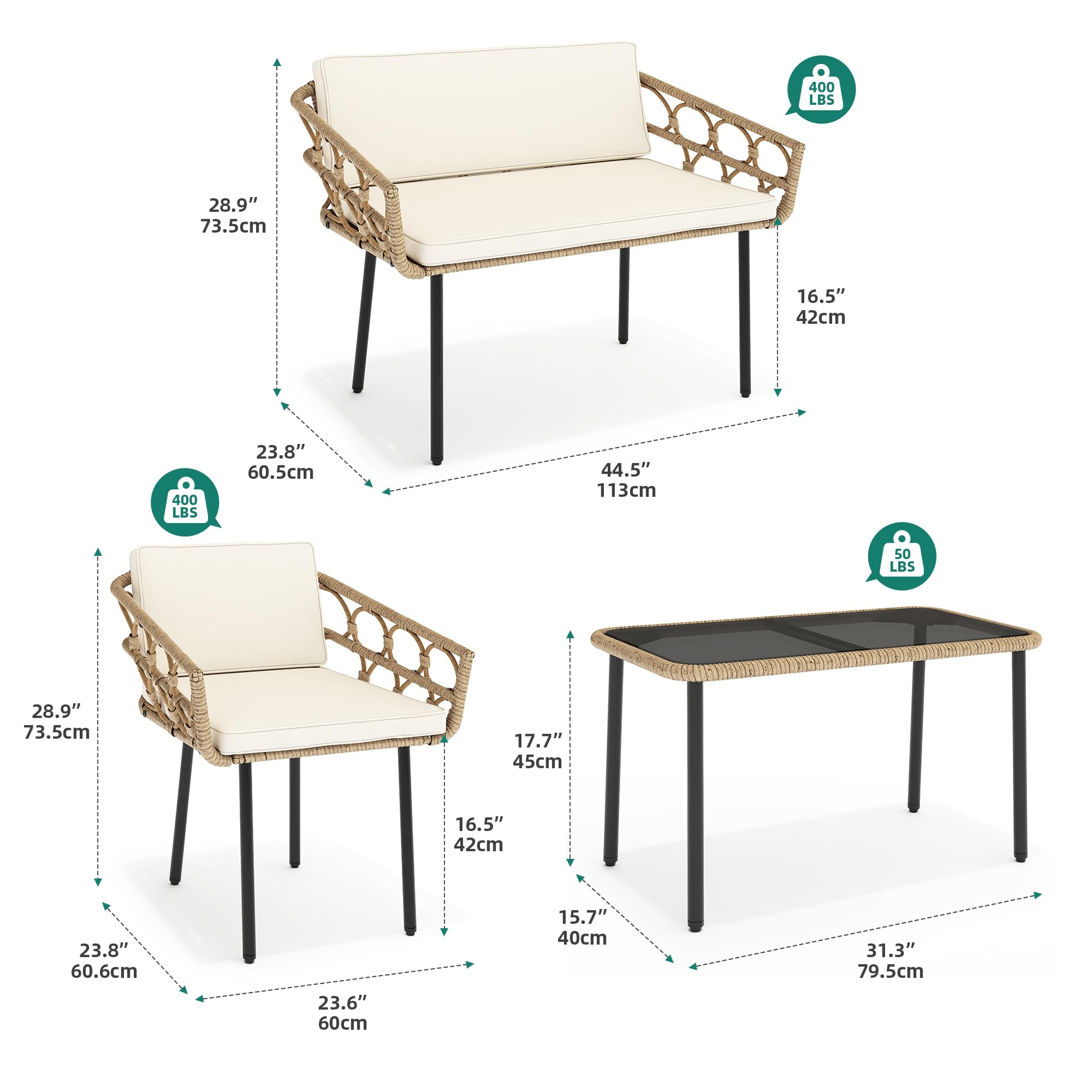 YITAHOME 4-Piece All-Weather Wicker Patio Furniture Set - Outdoor Bistro Conversation Set with Loveseat, Chairs, Table & Cushions for Backyard, Pool, Deck, Garden - Beige | Perfect for Outdoor Dining, Relaxing & Entertaining Guests