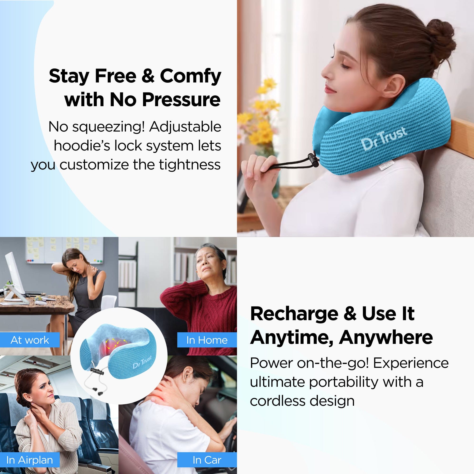 Dr Trust USA Cloudwalker Rechargeable Memory Foam Neck Pillow with Massage & Heat - Travel Pillow for Airplane, Train & Car - Pain Relief & Comfort Support for Sleeping While Traveling - Perfect for Long Flights, Road Trips & Commuting