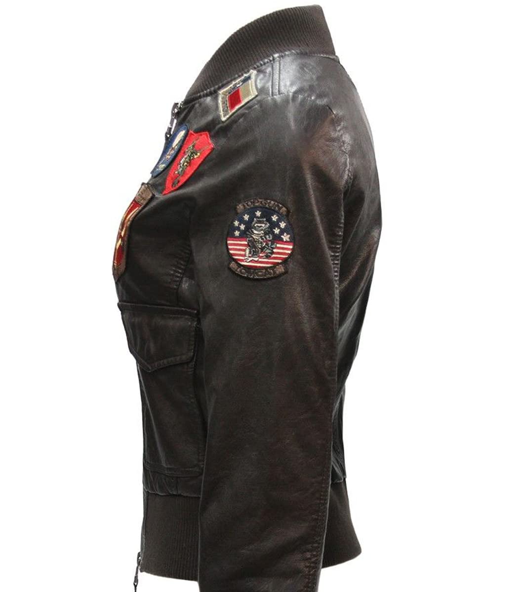 Prime-Fashion Women's Brown Aviator Bomber Jacket with Flight Patches - Genuine Leather, XX-Large - Perfect for Piloting, Motorcycle Riding & Stylish Everyday Wear