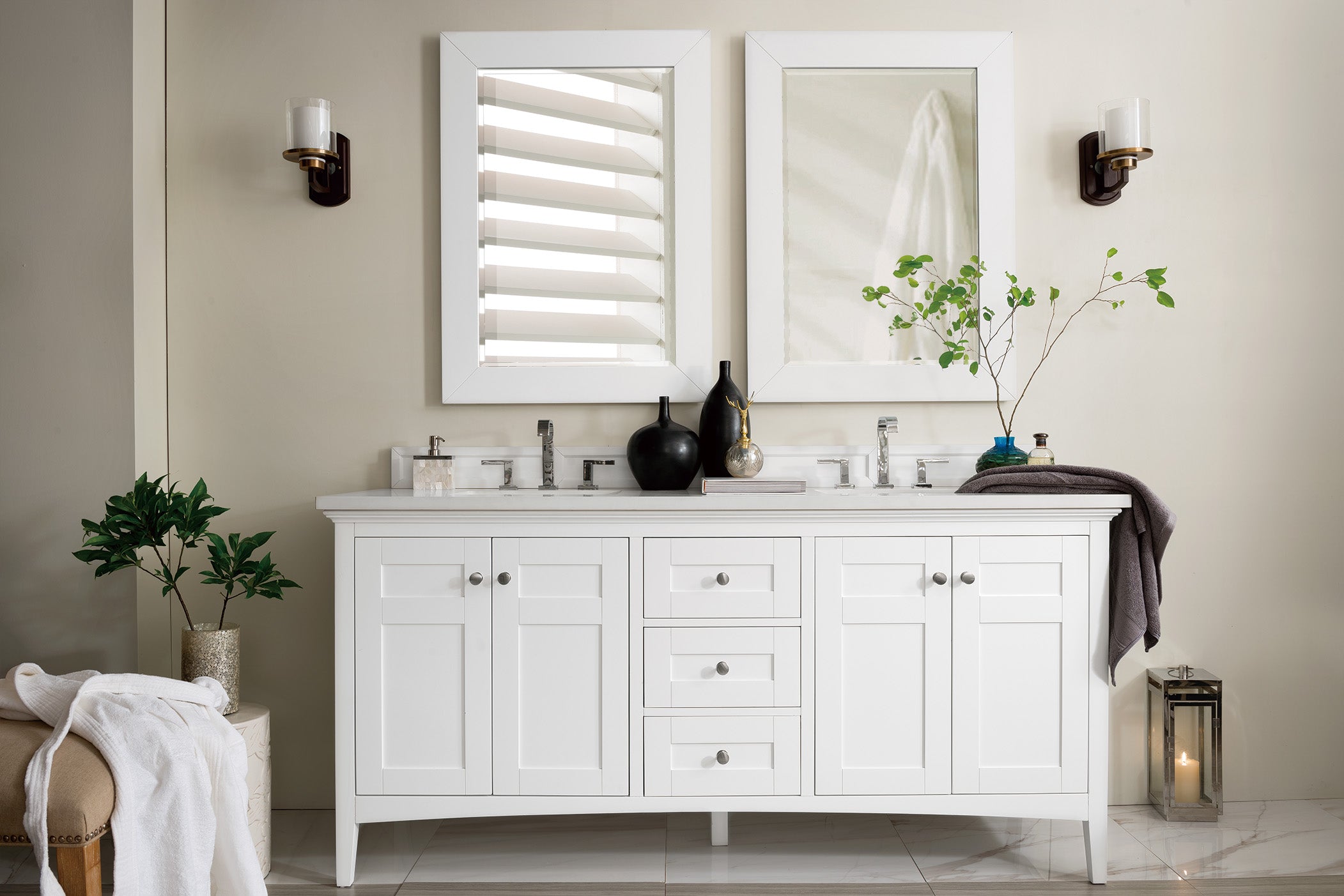 Palisades 72 Inch Double Bathroom Vanity with 3CM Classic White Quartz Countertop - Bright White Finish for Modern Master Bathroom Remodel