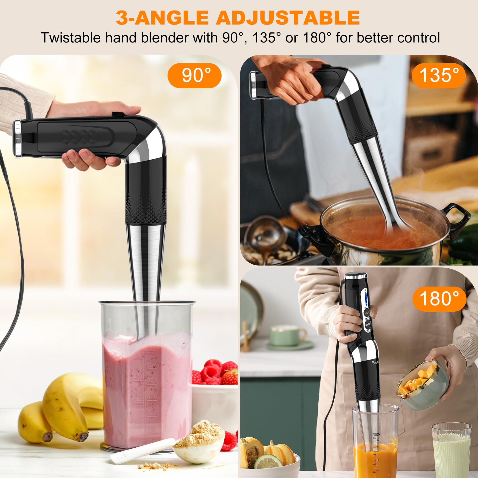 **3-Angle Adjustable Immersion Hand Blender - 21-Speed Variable Control, Powerful Electric Stick Blender for Milkshakes, Smoothies, Soup, Puree & Baby Food (Black) - Perfect for Home Kitchen, Cooking & Healthy Blending**