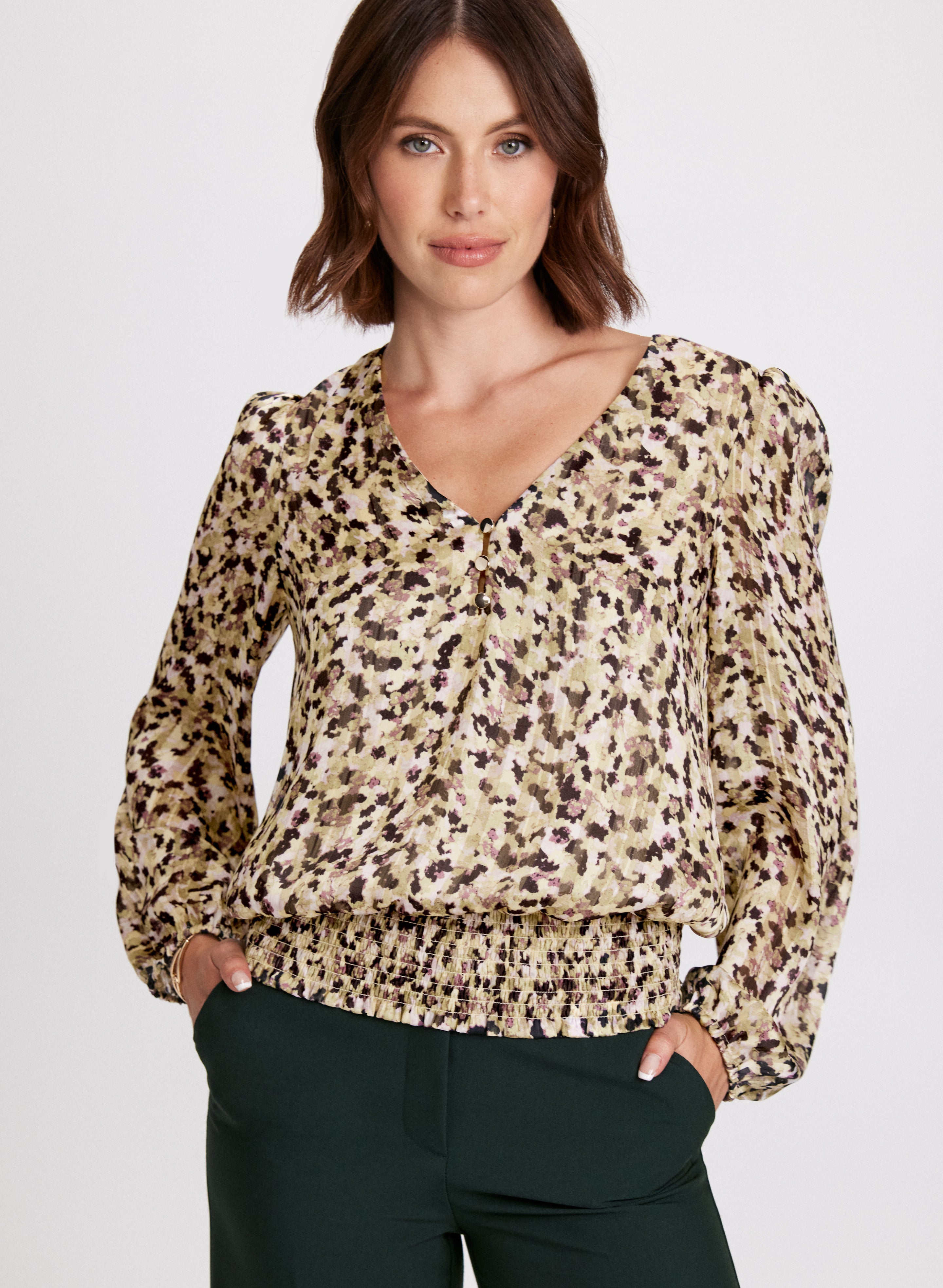 Stylish Abstract Print Smocked Waist Blouse for Women - Trendy Flowy Top for Office, Date Night & Casual Outings