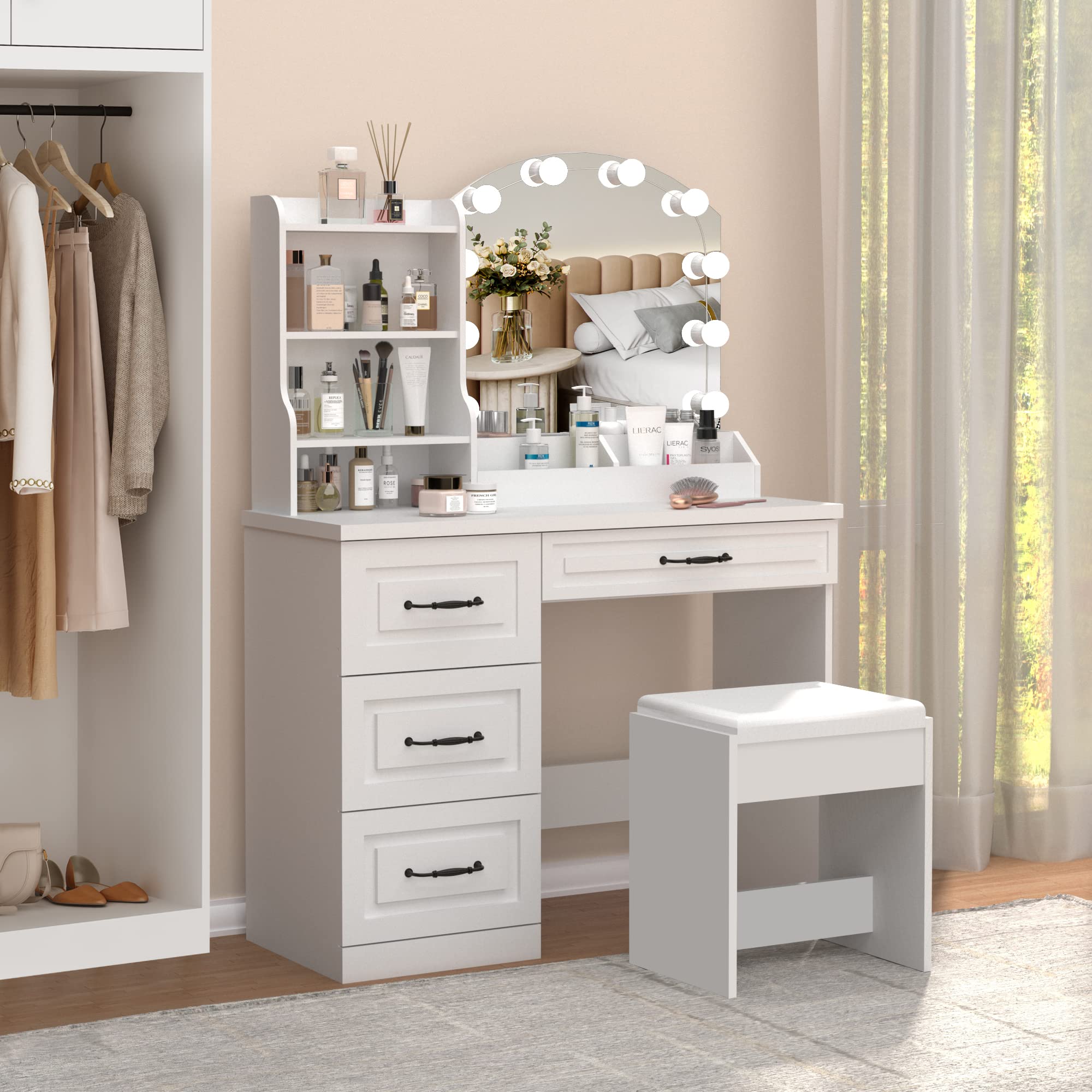 Vabches Makeup Vanity Desk with LED Lights & 4 Drawers - White Dressing Table with Large Storage (39.4 Inch), 3 Color Lighting Modes - Perfect for Bedroom, Dressing Room & Beauty Salon