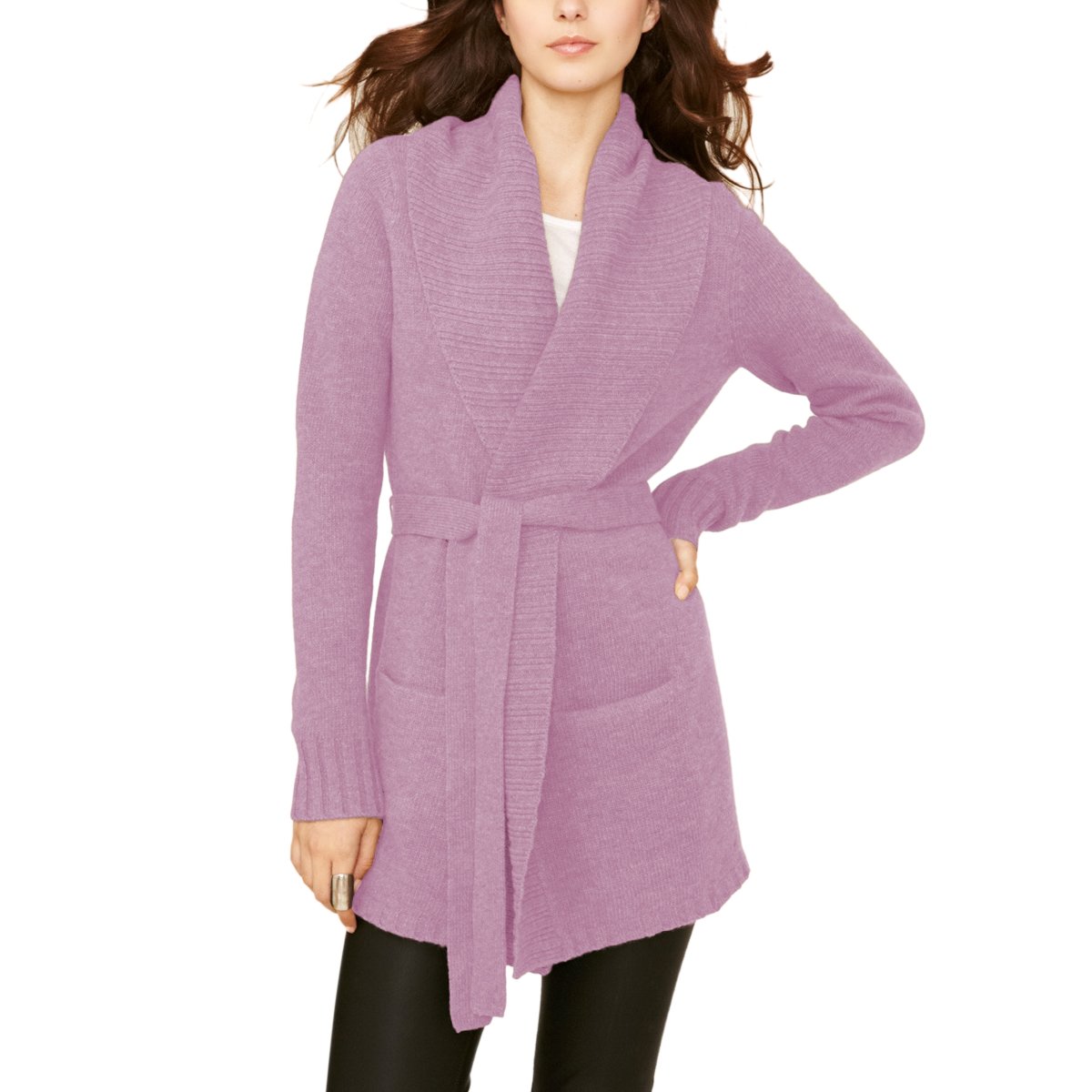 Parisbonbon Women's 100% Cashmere Long Sleeve Cardigan Sweater - Soft Lilac Purple Pullover for Fall & Winter - Cozy Office Wear & Casual Outfits (Size L)