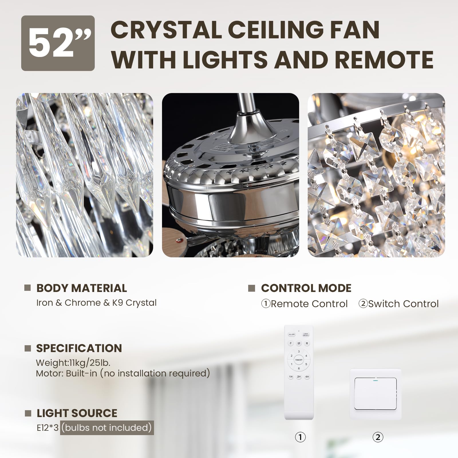 Moooni 52 Inch Modern Crystal Ceiling Fan with Lights and Remote Control - Elegant Chandelier Fan Light Kit (Fandelier) with 5 Wooden Blades - Perfect for Bedroom, Living Room, Dining Room - Silver Finish - Energy Efficient & Quiet Operation