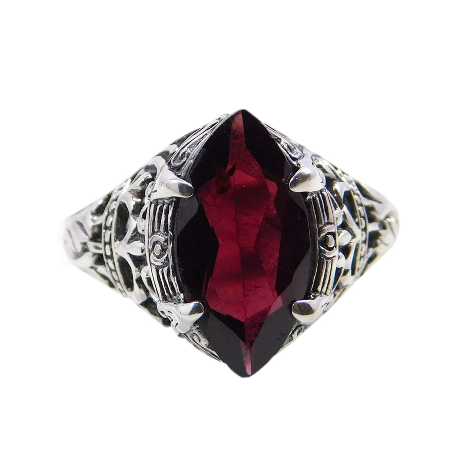 Marquise Garnet Silver Ring - Genuine Red Garnet Filigree Sterling Silver Jewelry with Faceted Stone - Perfect for Weddings, Anniversaries & Special Occasions