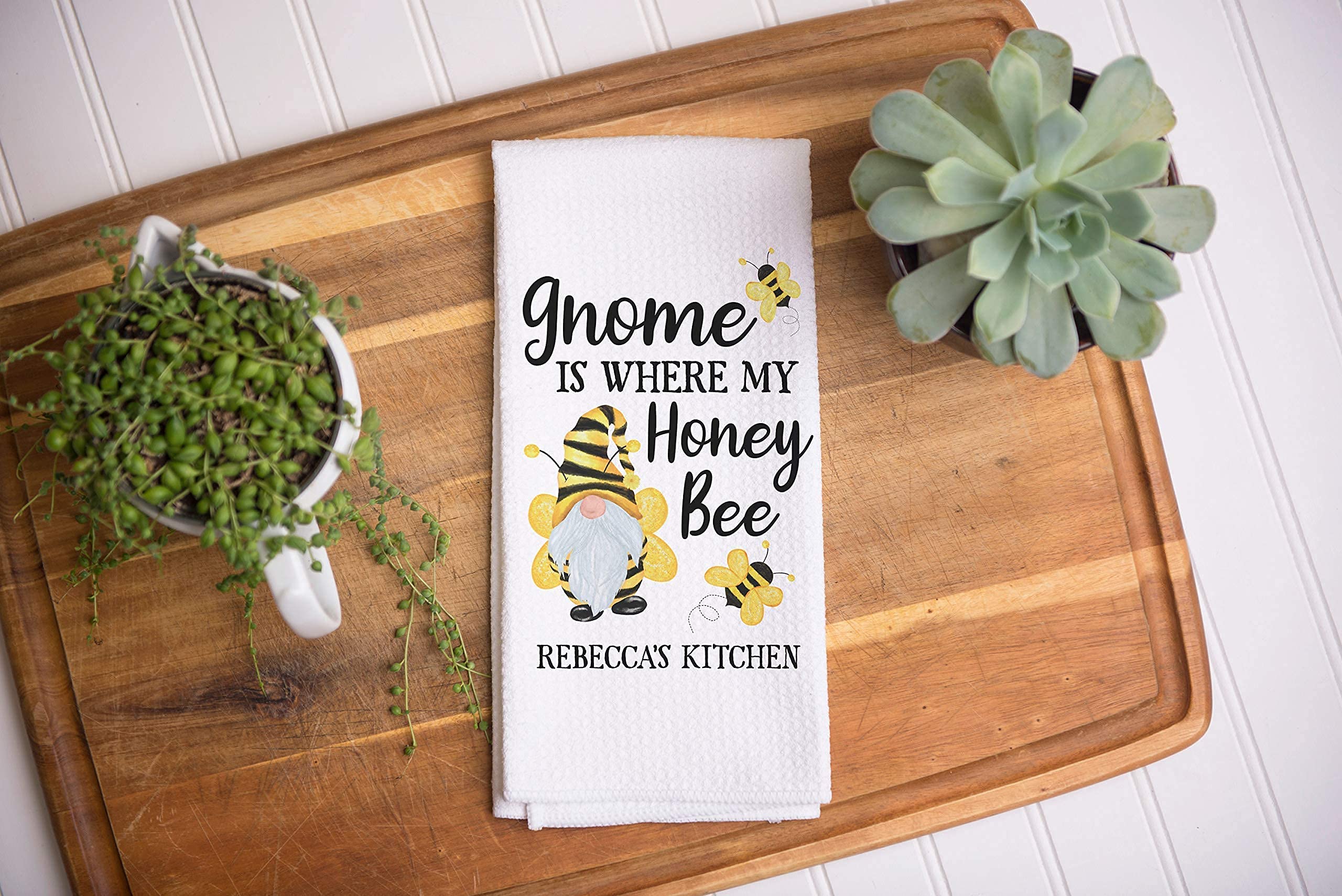 Personalized Gnome & Honey Bee Kitchen Towel - Custom Bee Themed Dish Towel for Summer Kitchen Decor | Seasonal Home Accessories | Housewarming Gift Idea for Friends | Perfect for Farmhouse Kitchens & Bee Lovers