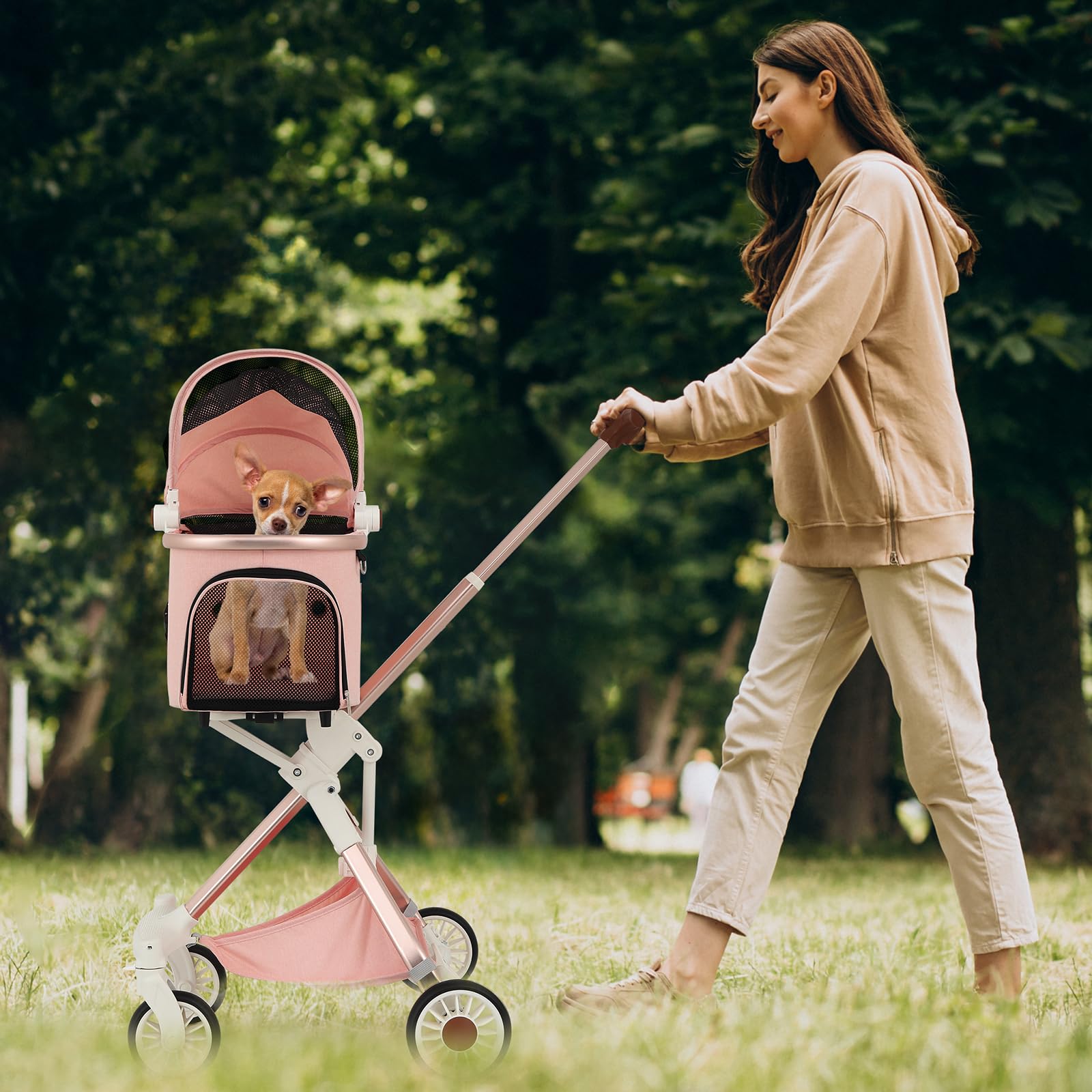 MoNiBloom 3-in-1 Pet Stroller with Adjustable Handle - Jogging Stroller for Dogs & Cats, Detachable Carrier & Lightweight Aluminum Frame - Soft Pink | Perfect for Outdoor Walks, Park Visits & Vet Trips