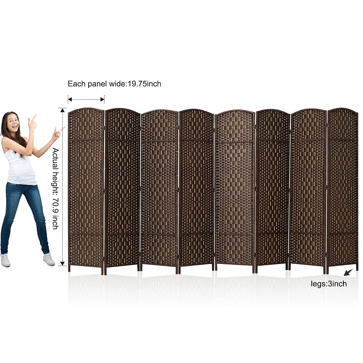 6 ft. Tall Extra Wide Freestanding Room Divider - Diamond Woven Fiber Privacy Screen, Foldable Panel Partition Wall for Home Office, Bedroom & Studio | Hinged Room Dividers with Modern Design