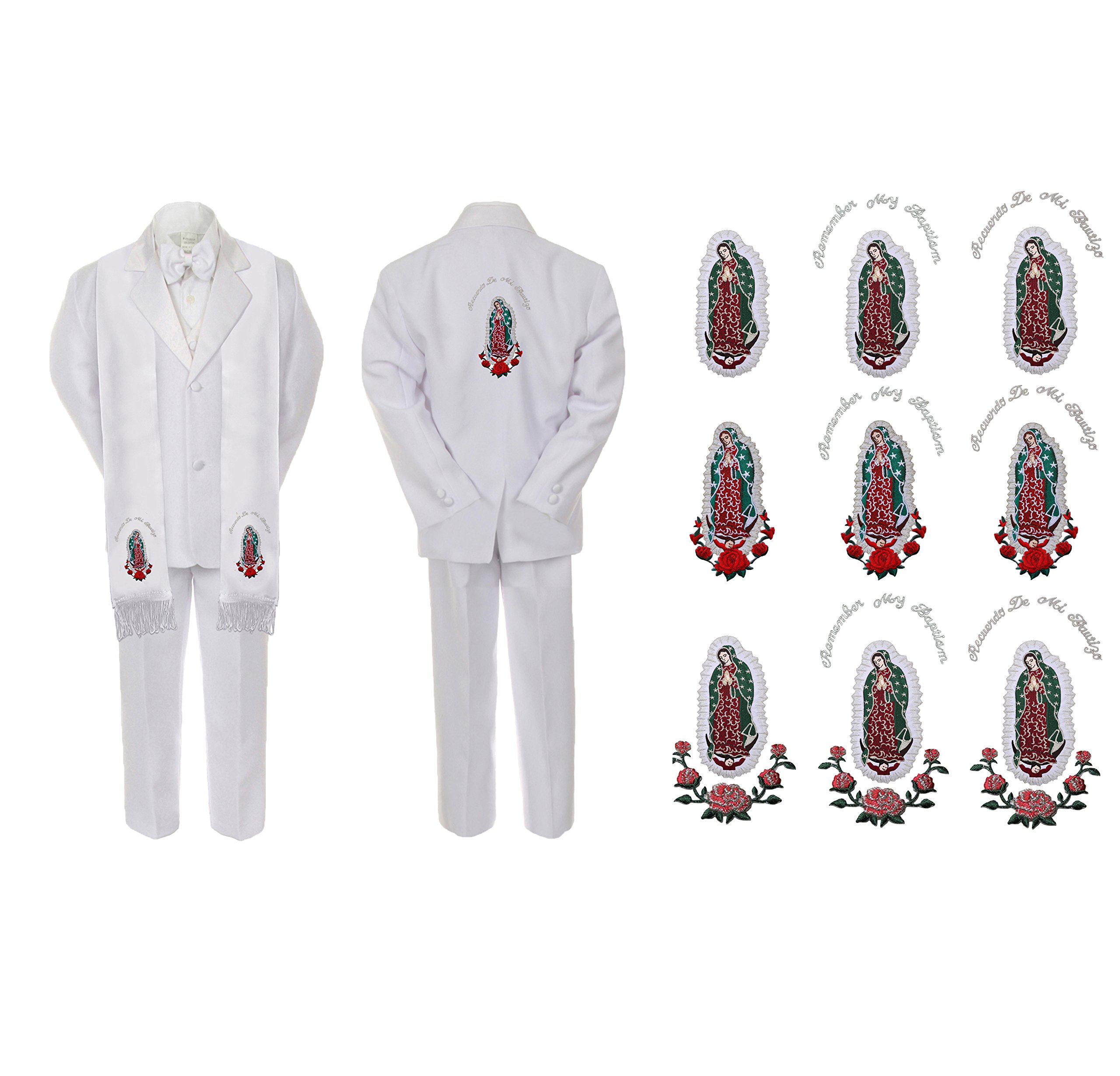 Boys' Christening Baptism Suit with Silver Guadalupe Embroidery - Formal First Communion Outfit with Stole - Perfect for Church Ceremonies & Special Occasions