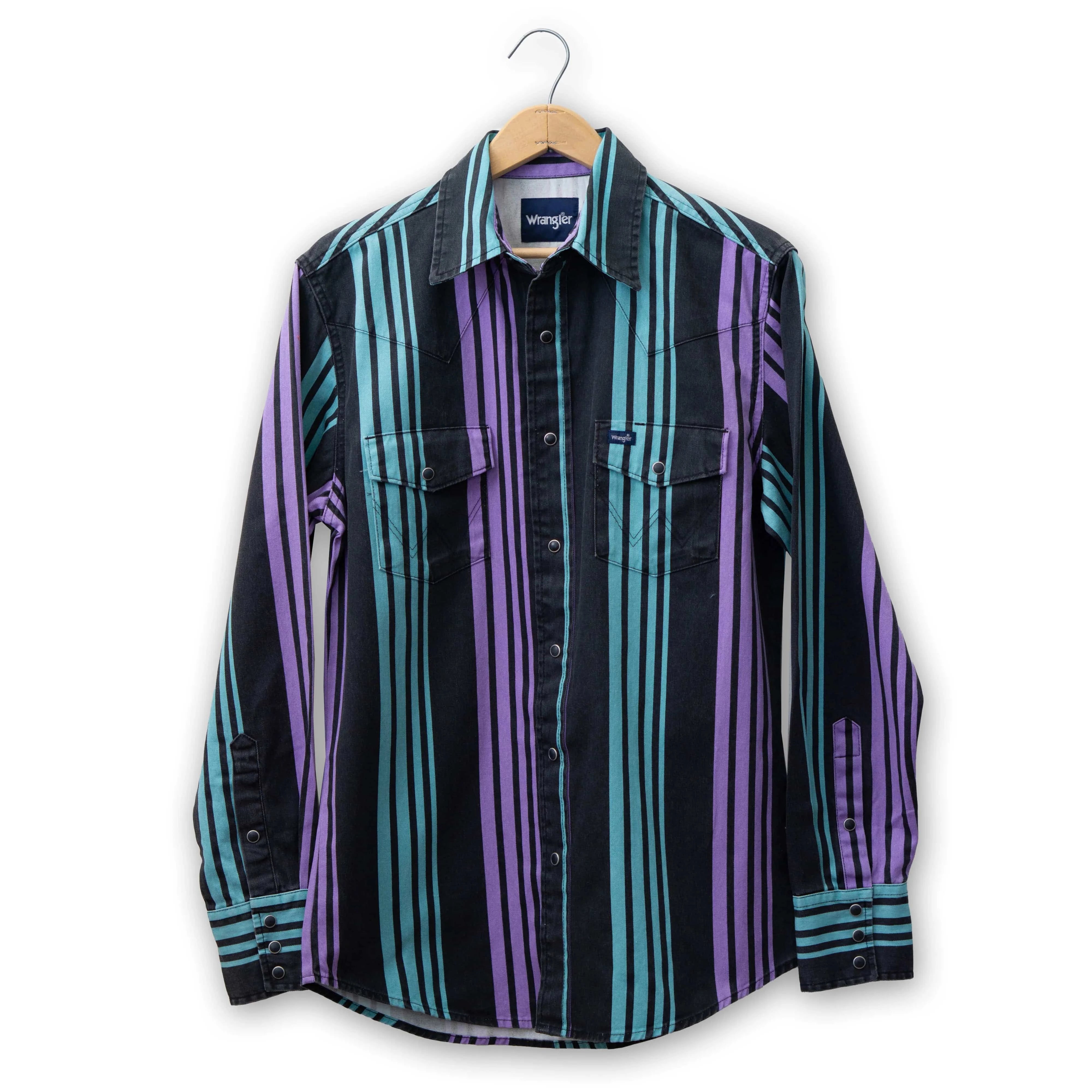 Vintage Wrangler Men's Long Sleeve Shirt - Purple & Blue Brushpopper Stripe for Casual Wear & Outdoor Adventures