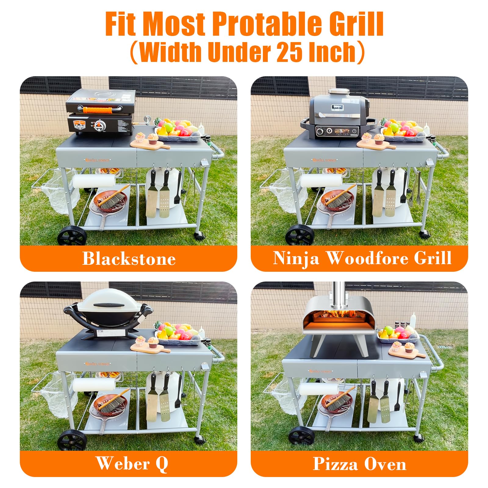 Portable Outdoor Pizza Oven Table for Ooni, Ninja Woodfire & Blackstone - Heavy Duty Grill Cart with Food Prep Space - Movable BBQ Island for Backyard, Patio & Camping Cooking | Perfect for Outdoor Entertaining & Pizza Parties