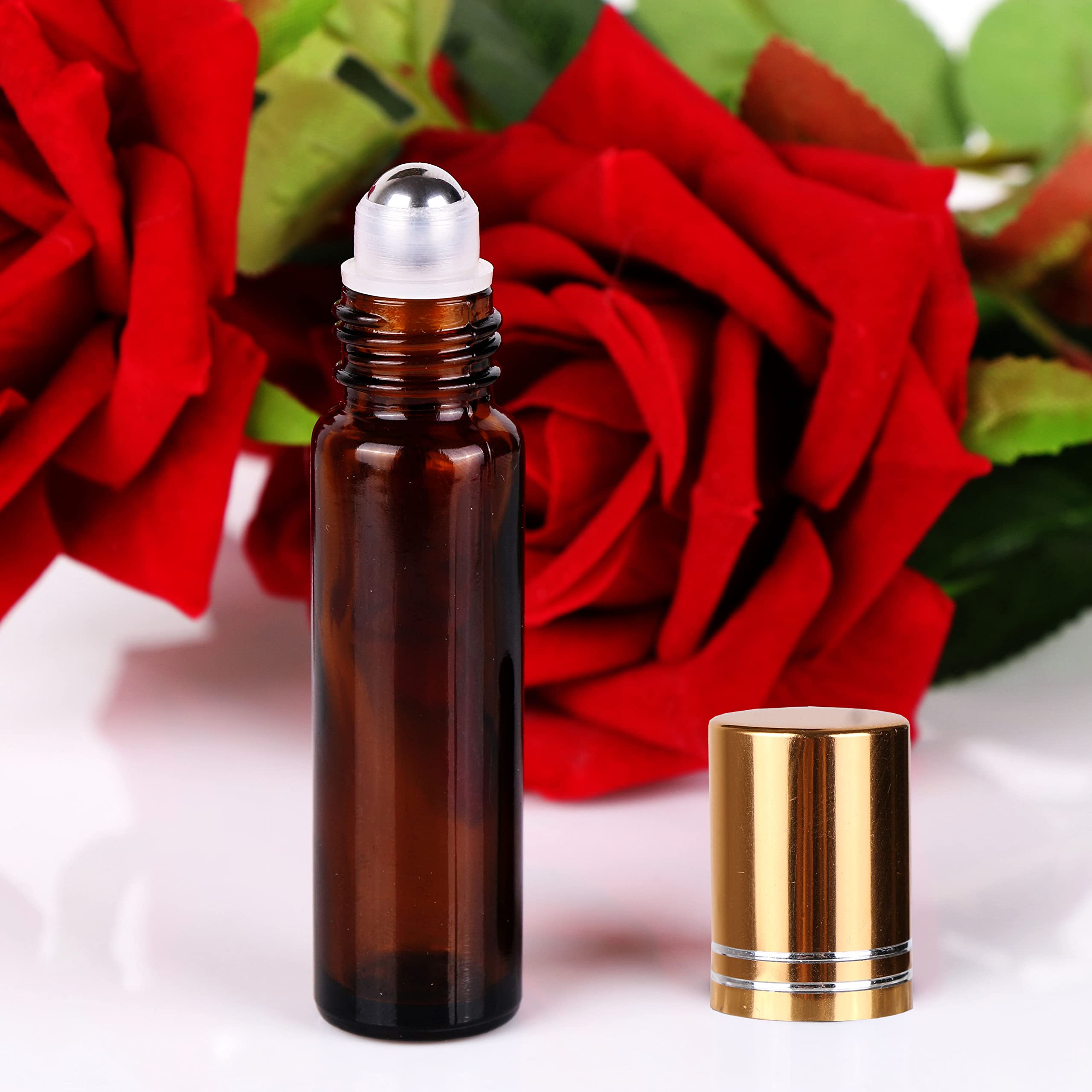 24 Pack 10ml Amber Glass Roller Bottles for Essential Oils - Aromatherapy Roll On Bottles with Stainless Steel Balls & Metal Caps | Perfect for DIY Blends, Travel & Gift Giving