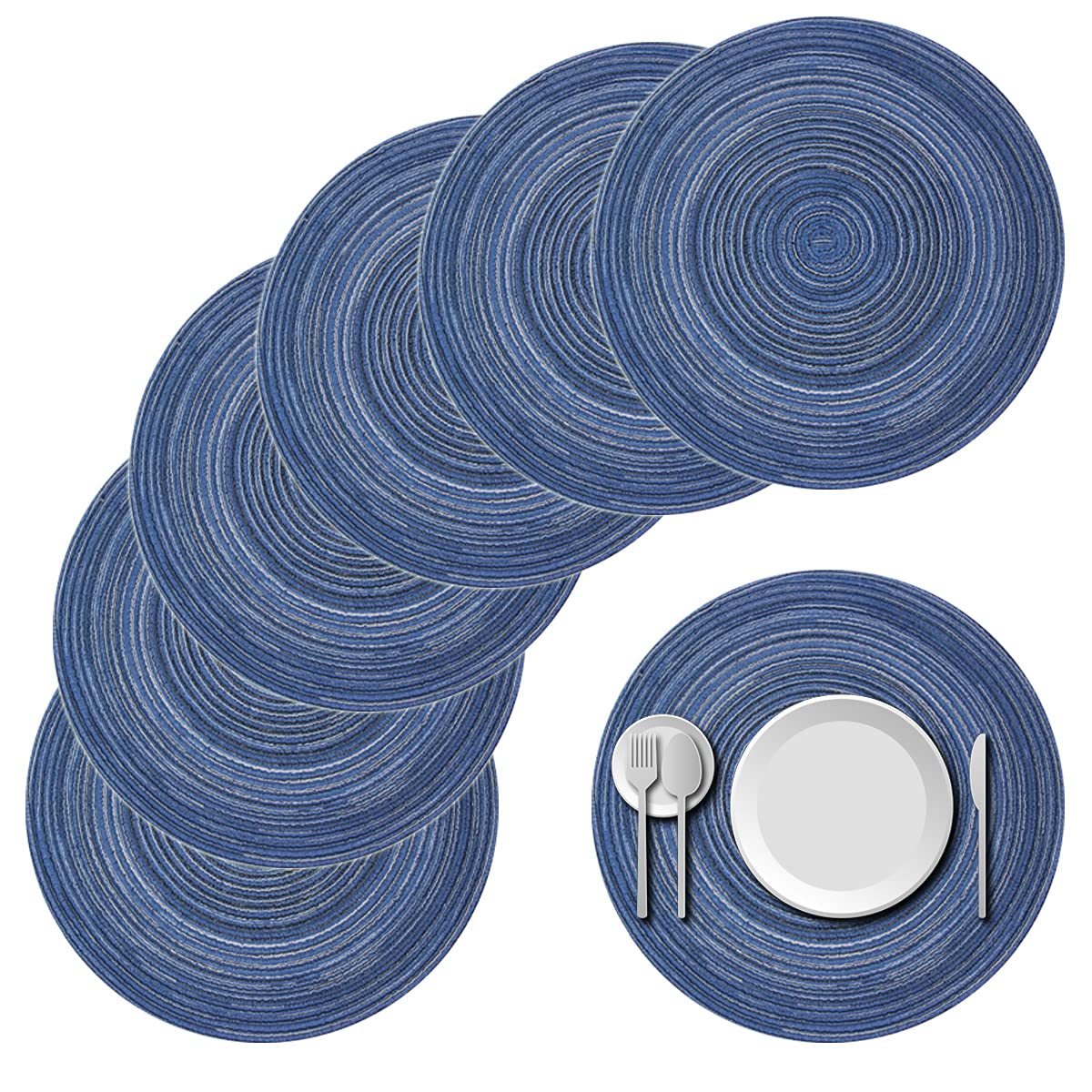 Premium Round Woven Placemats Set of 6 - 15 Inch Elegant Table Mats for Dining, Kitchen, Party - Indoor/Outdoor Waterproof Table Decor (Blue) - Perfect for Dinner Parties, BBQs, and Everyday Use