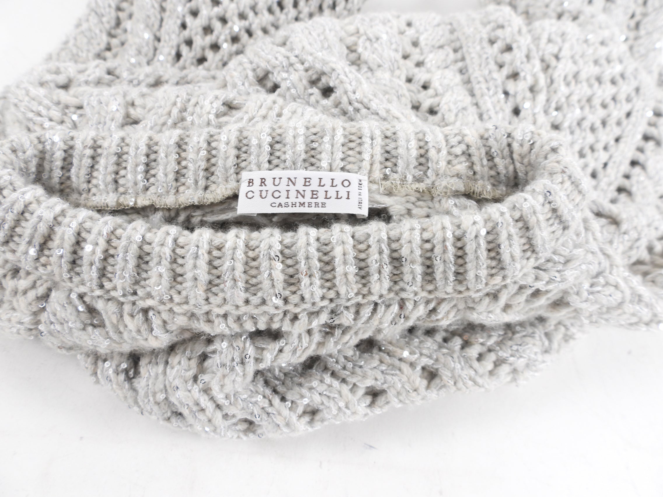 Brunello Cucinelli Grey Shimmer Cable Knit Sweater for Women - Size S (4/6) - Soft Cashmere Blend Winter Pullover for Office & Holiday Parties