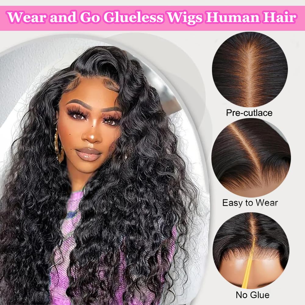 Natural Glueless Human Hair Wigs 26 Inch Water Wave Lace Front Wigs 180 Density 13x4 HD Lace Pre-Plucked No Glue Needed - Perfect for Daily Wear, Parties & Special Occasions