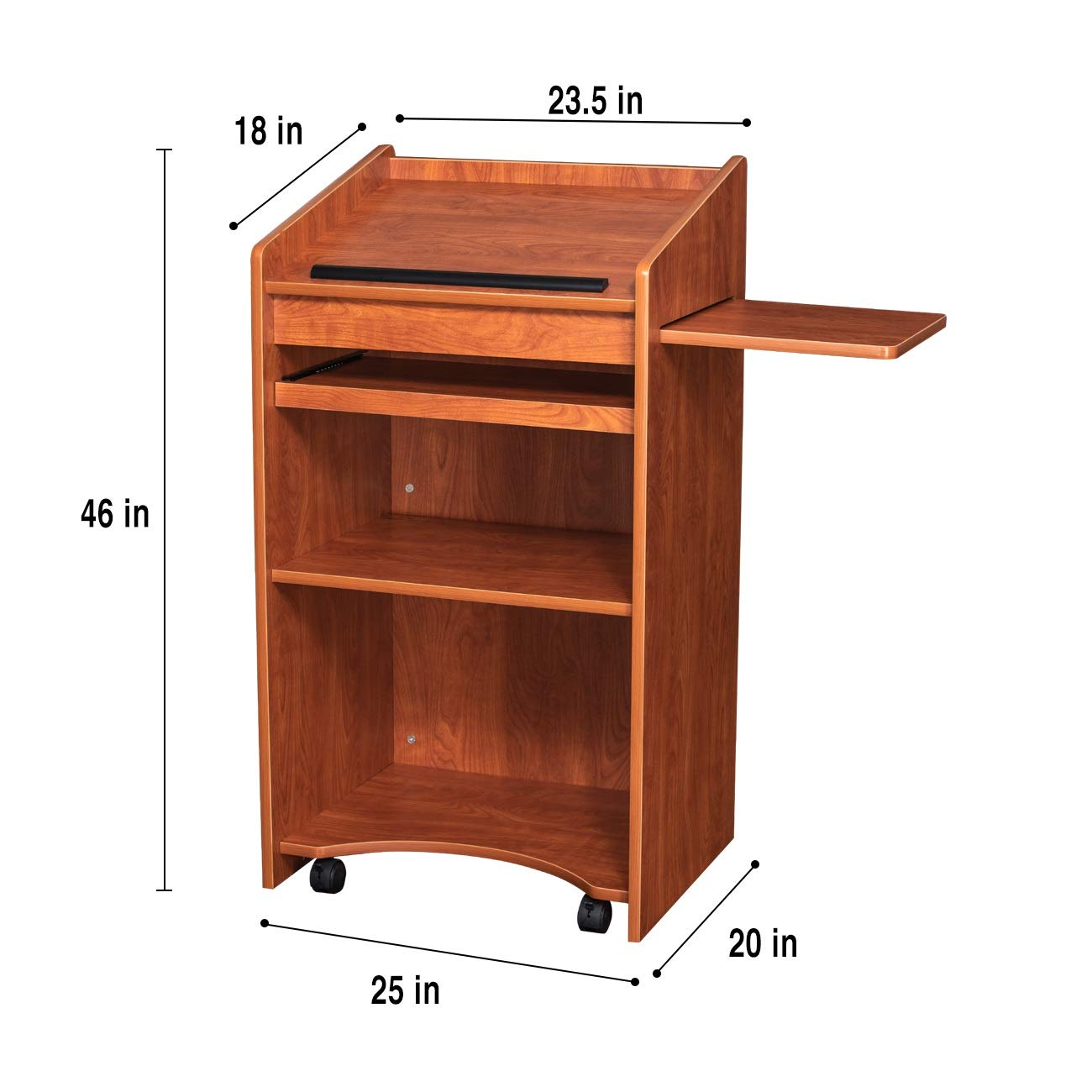 OEF Furnishings Mobile Floor Lectern with Side Shelf & Keyboard Tray - Cherry Wood Adjustable Standing Podium for Church, Classroom, or Office Presentations
